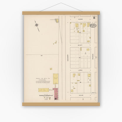 Old map wall art mockup — magnetic wood frame on white wall — Sanborn Fire Insurance Map from Kenedy, Karnes County, Texas (1922), Sheet #0008