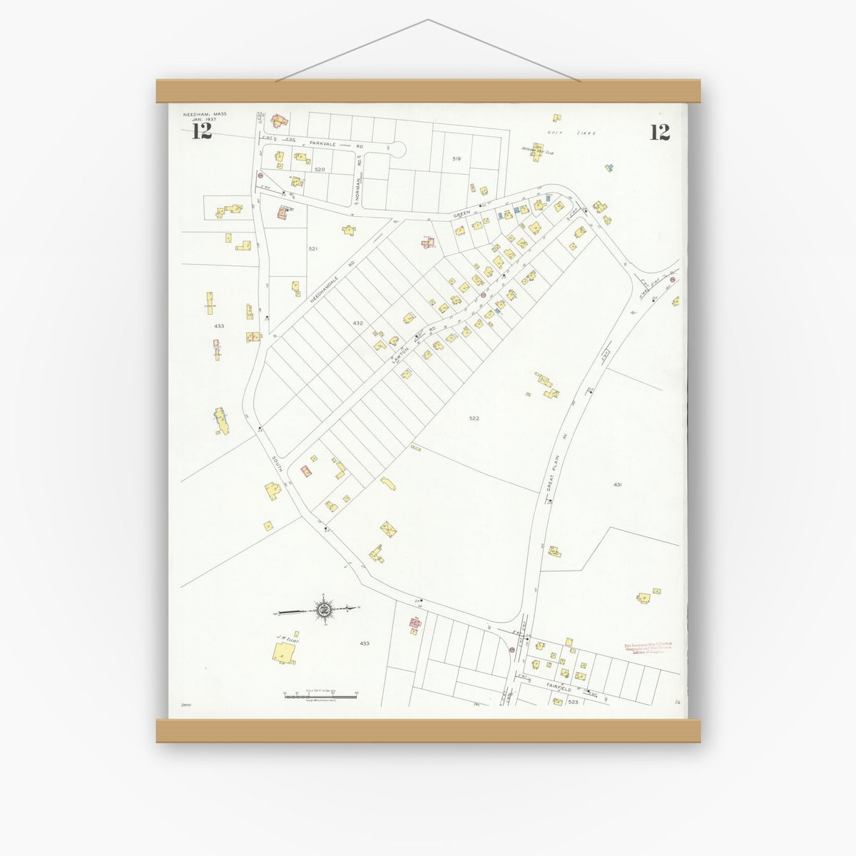 Old map wall art mockup — magnetic wood frame on white wall — Sanborn Fire Insurance Map from Needham, Norfolk County, Massachusetts (1937), Sheet #0012