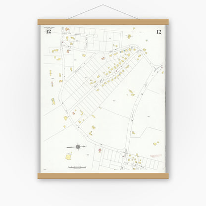 Old map wall art mockup — magnetic wood frame on white wall — Sanborn Fire Insurance Map from Needham, Norfolk County, Massachusetts (1937), Sheet #0012
