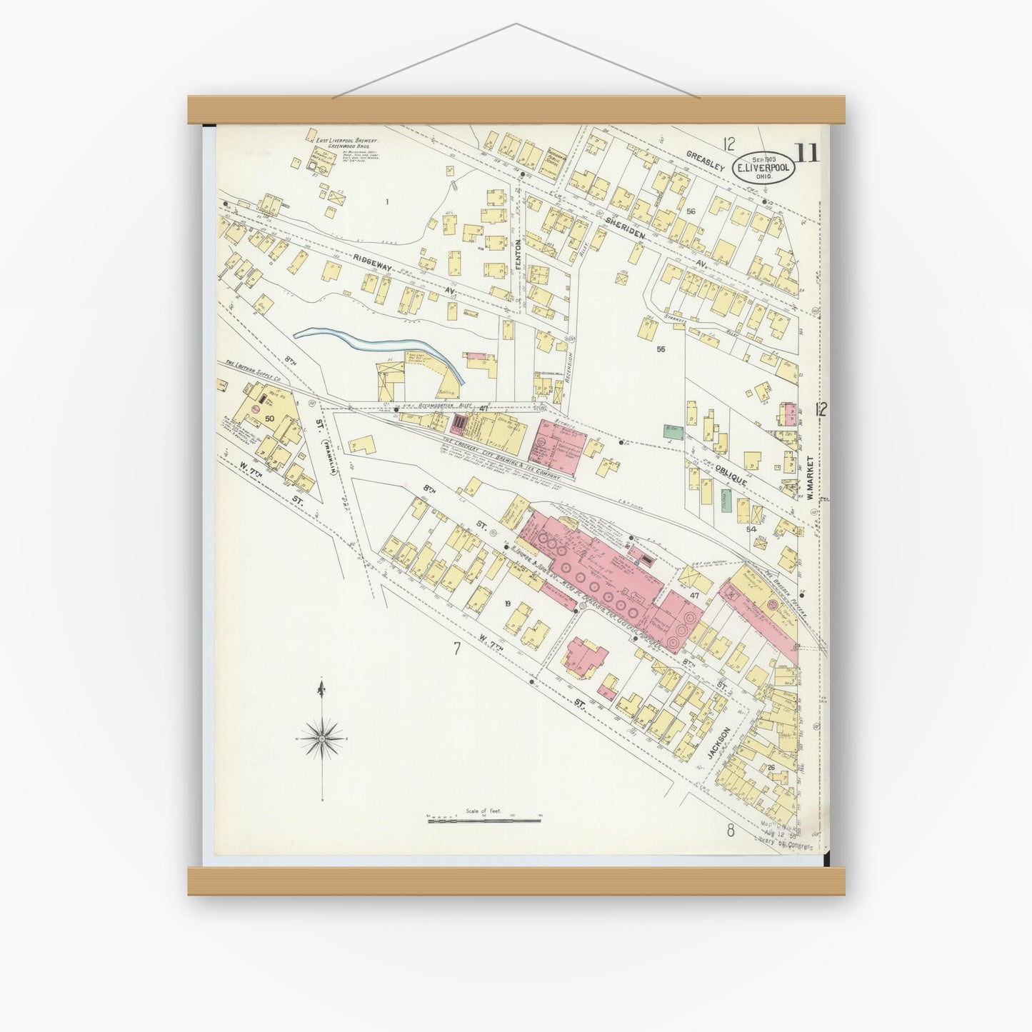 Old map wall art mockup — magnetic wood frame on white wall — Sanborn Fire Insurance Map from East Liverpool, Columbiana County, Ohio (1903), Sheet #0011