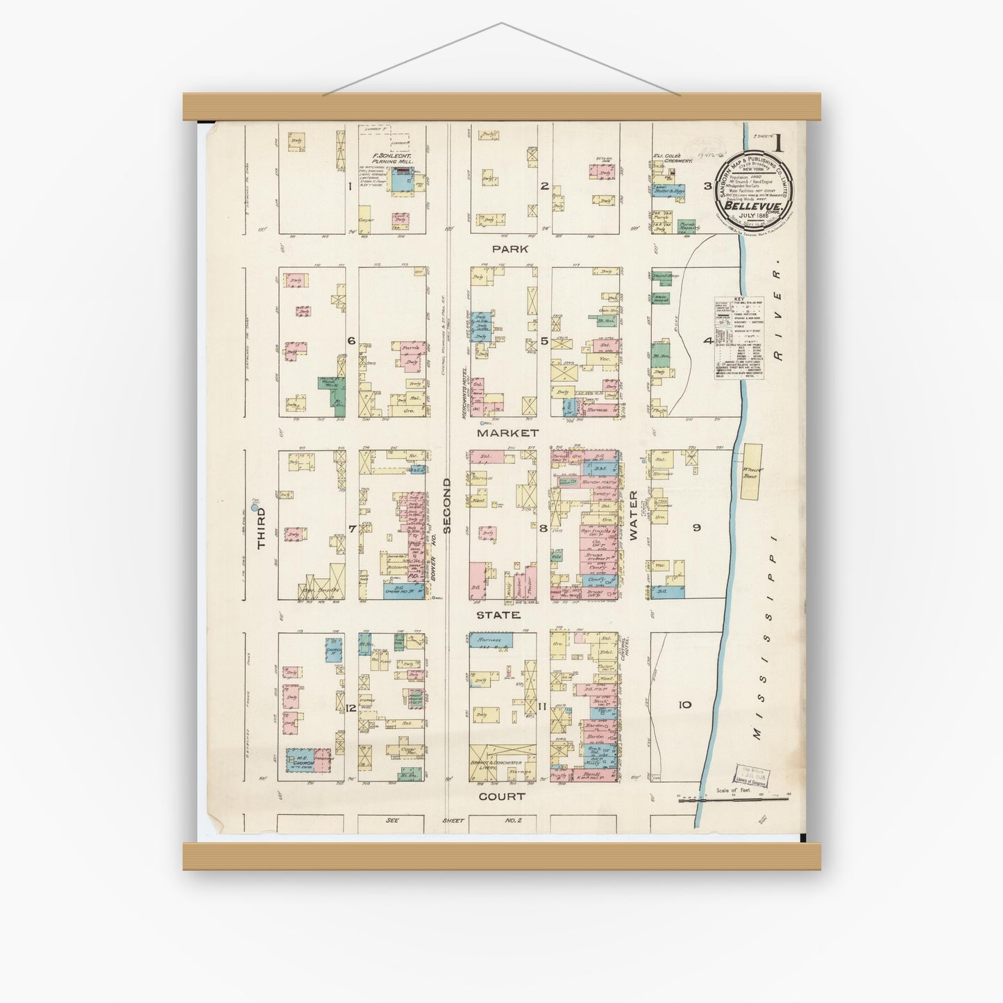Old map wall art mockup — magnetic wood frame on white wall — Sanborn Fire Insurance Map from Bellevue, Jackson County, Iowa (1885) â€” Complete Set
