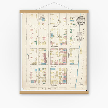 Old map wall art mockup — magnetic wood frame on white wall — Sanborn Fire Insurance Map from Bellevue, Jackson County, Iowa (1885) â€” Complete Set
