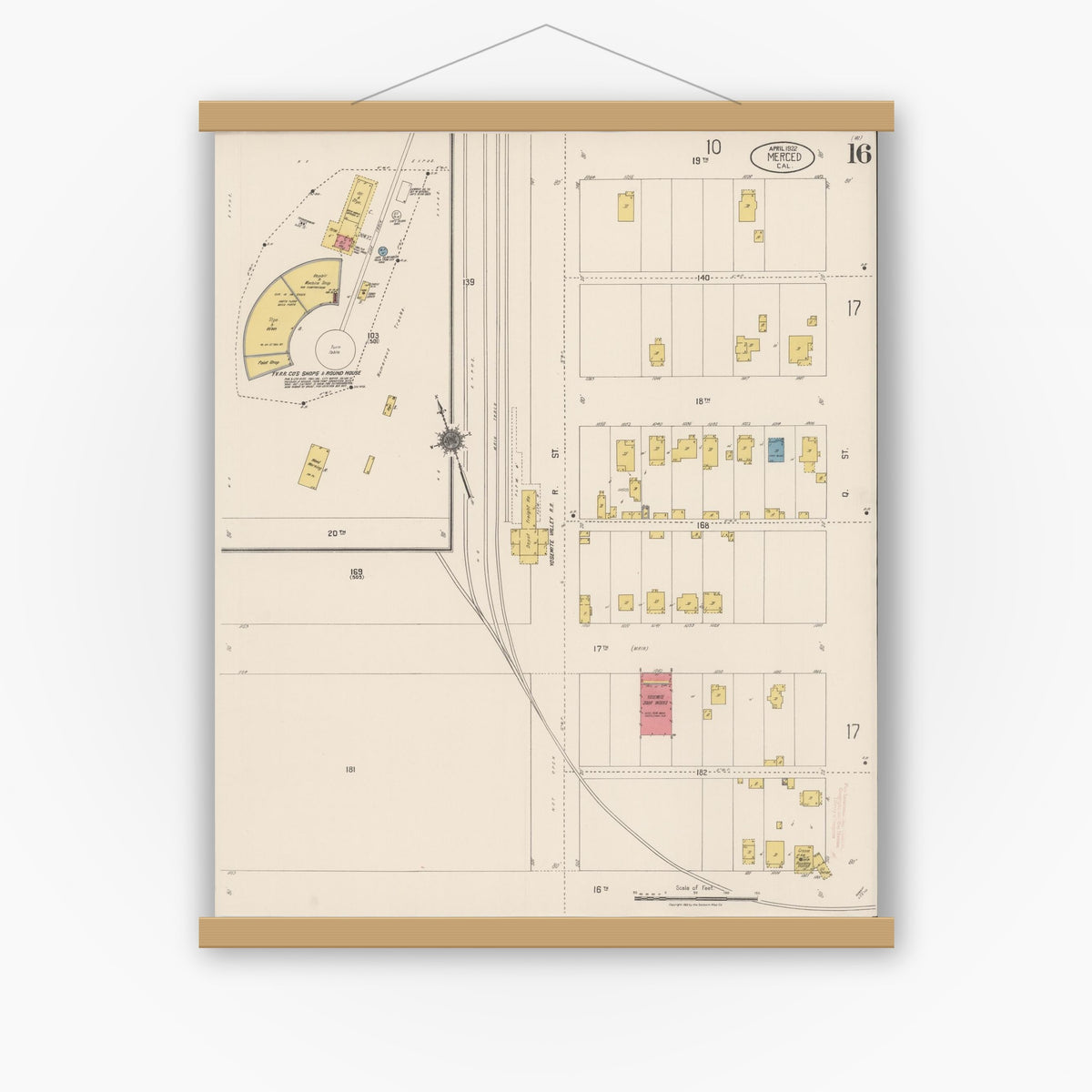 Old map wall art mockup — magnetic wood frame on white wall — Sanborn Fire Insurance Map from Merced, Merced County, California (1922), Sheet #0016