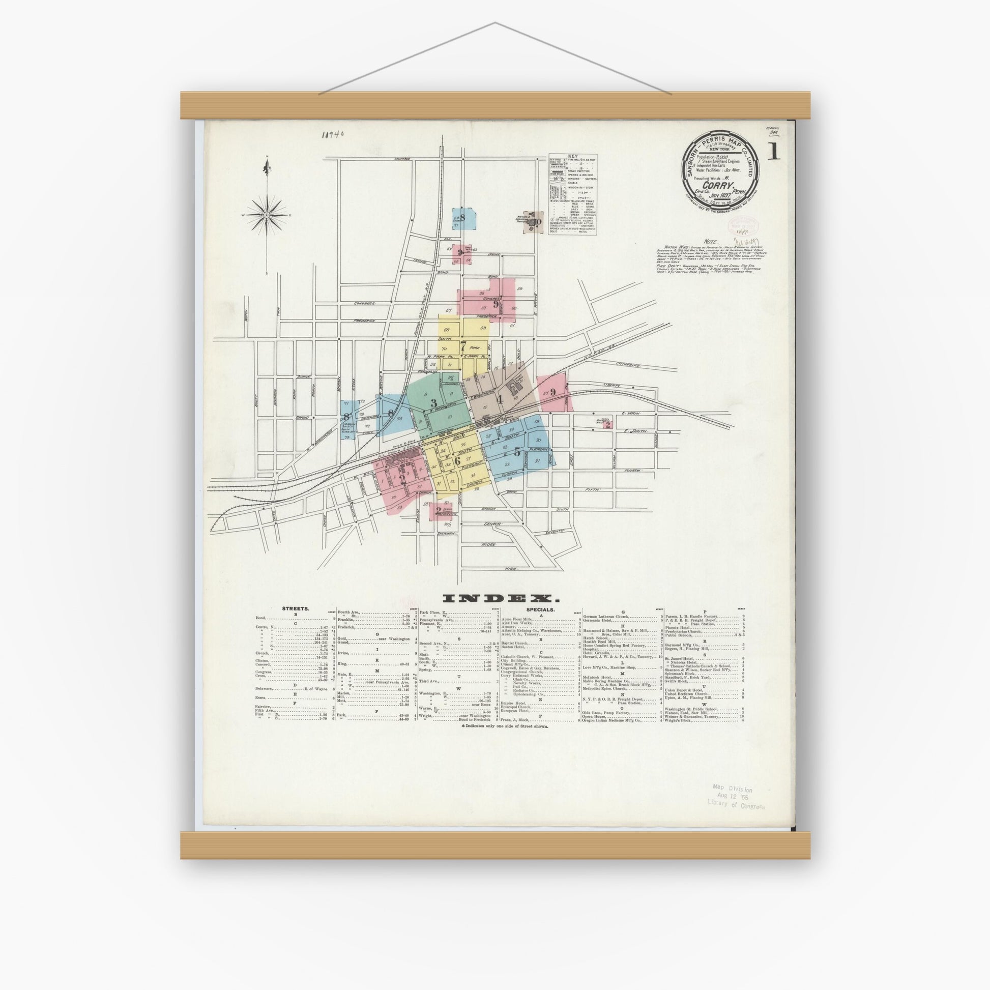 Old map wall art mockup — magnetic wood frame on white wall — Sanborn Fire Insurance Map from Corry, Erie County, Pennsylvania (1897), Sheet #0001