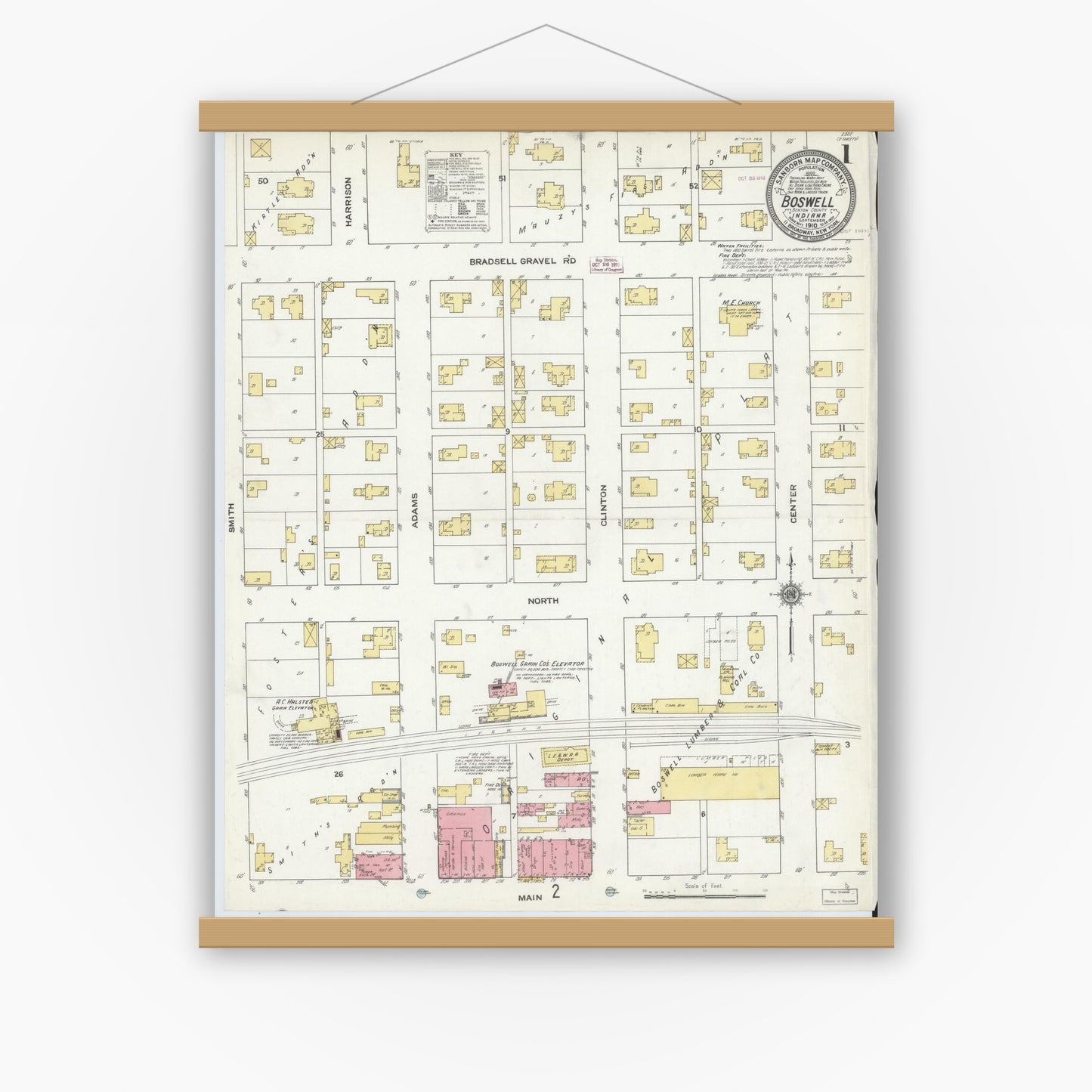 Old map wall art mockup — magnetic wood frame on white wall — Sanborn Fire Insurance Map from Boswell, Benton County, Indiana (1910) - Complete Map Set