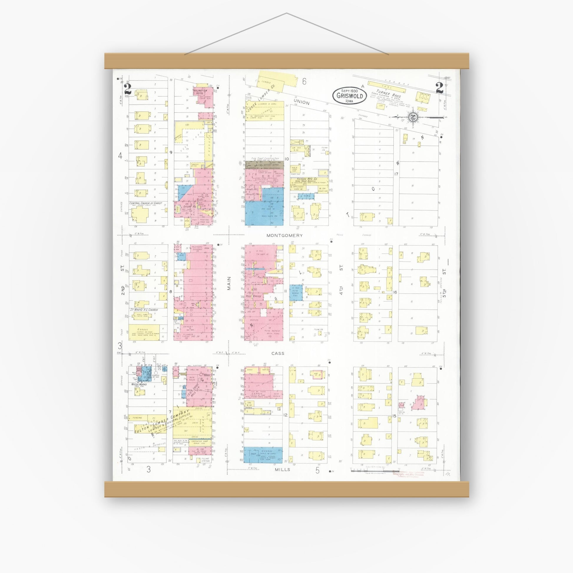 Old map wall art mockup — magnetic wood frame on white wall — Sanborn Fire Insurance Map from Griswold, Cass County, Iowa (1930), Sheet #0002