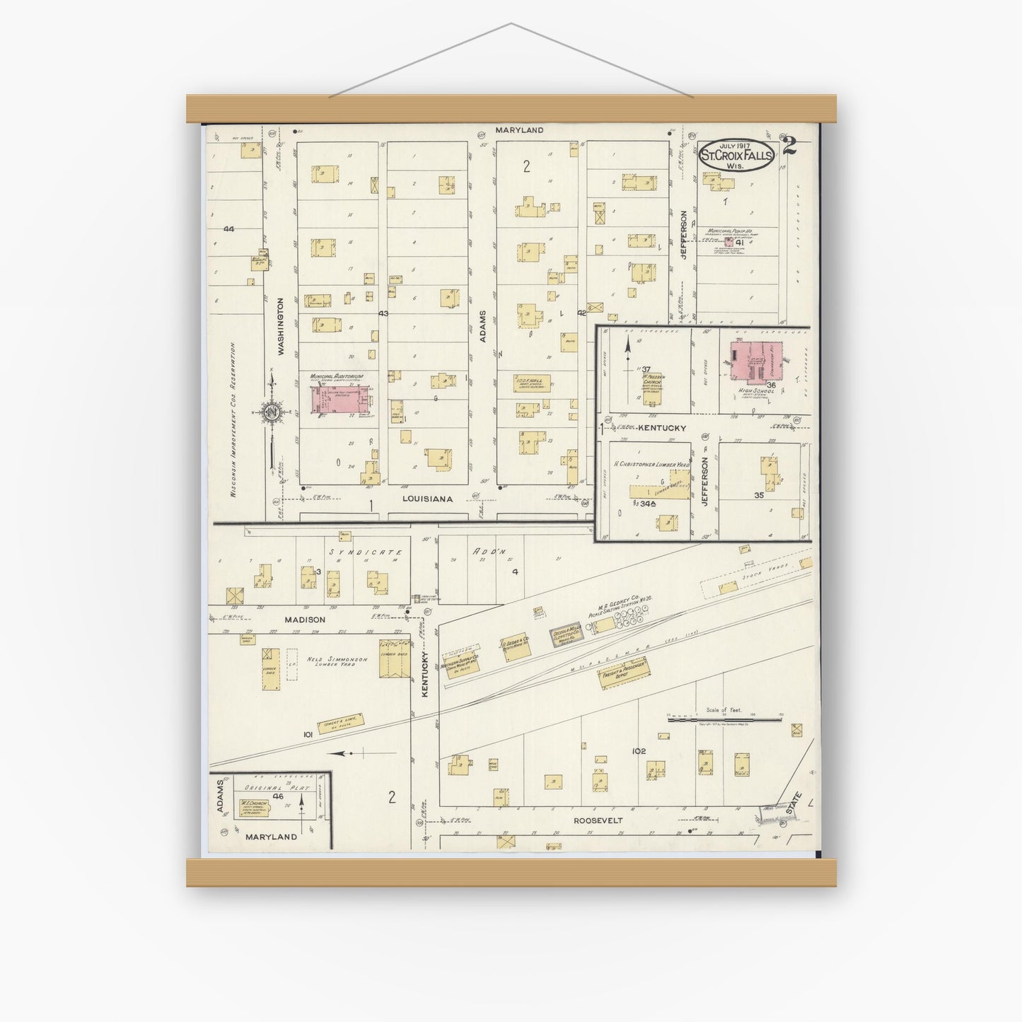 Old map wall art mockup — magnetic wood frame on white wall — Sanborn Fire Insurance Map from Saint Croix Falls, Polk County, Wisconsin (1917), Sheet #0002