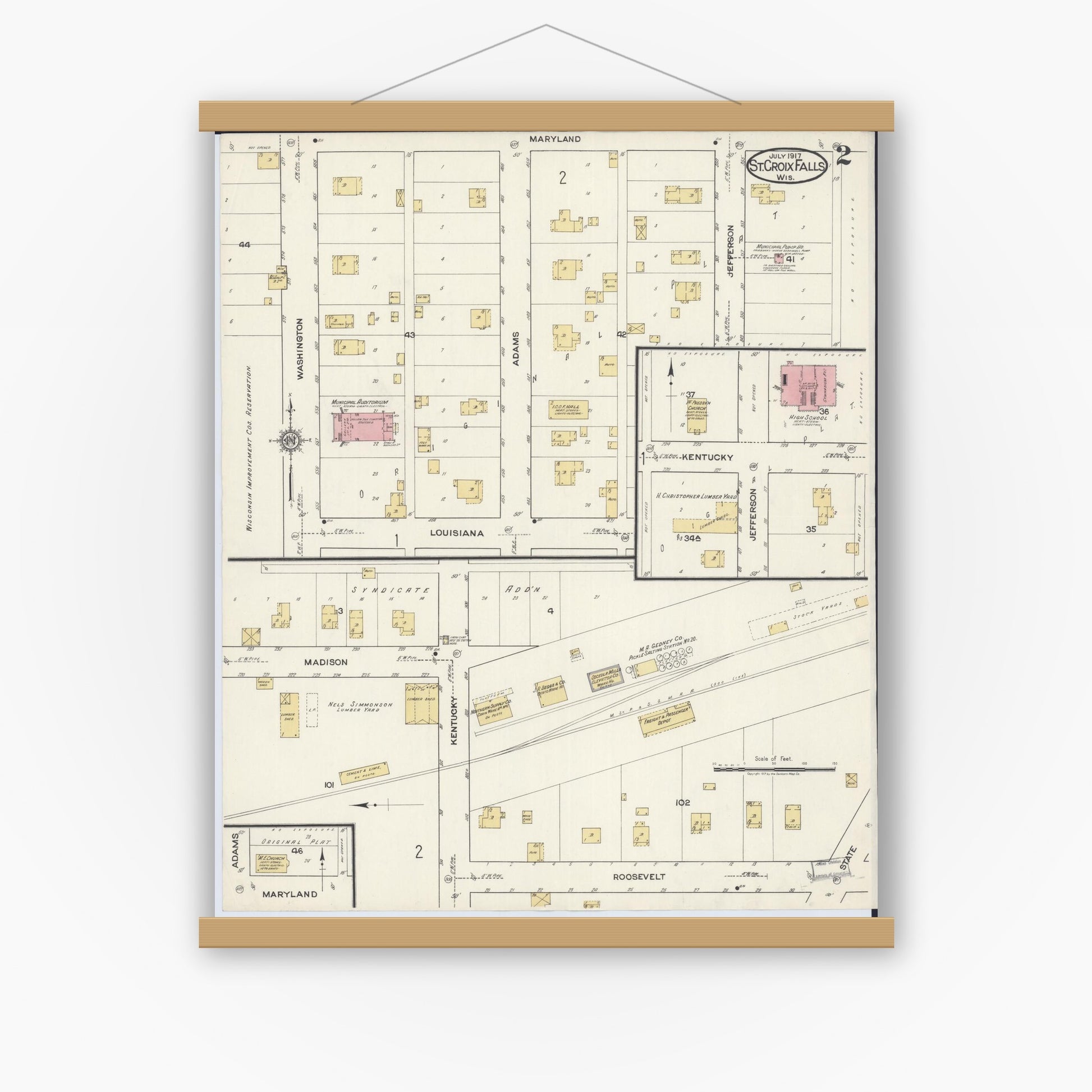 Old map wall art mockup — magnetic wood frame on white wall — Sanborn Fire Insurance Map from Saint Croix Falls, Polk County, Wisconsin (1917), Sheet #0002