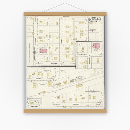 Old map wall art mockup — magnetic wood frame on white wall — Sanborn Fire Insurance Map from Saint Croix Falls, Polk County, Wisconsin (1917), Sheet #0002