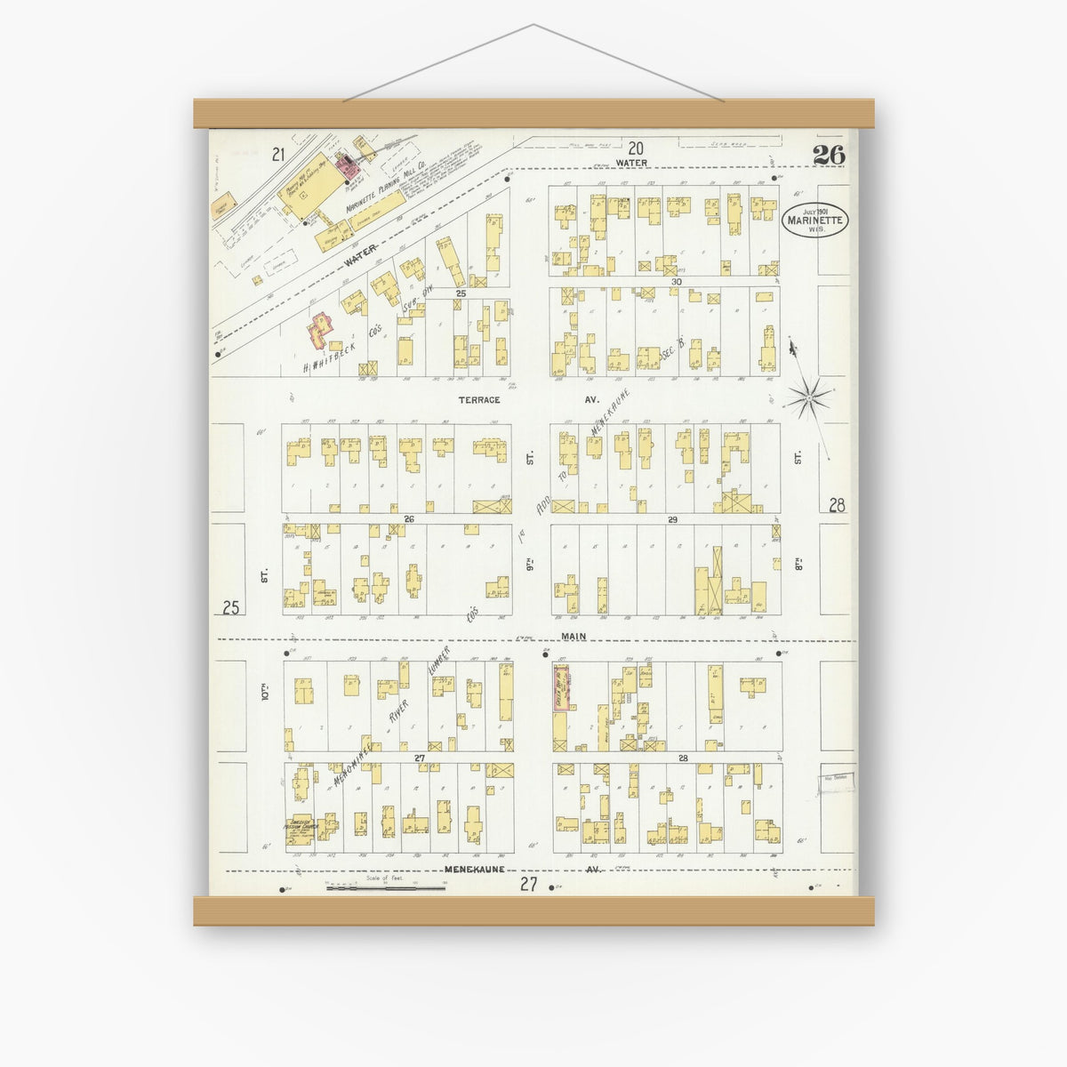 Old map wall art mockup — magnetic wood frame on white wall — Sanborn Fire Insurance Map from Marinette, Marinette County, Wisconsin (1901), Sheet #0026