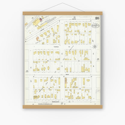 Old map wall art mockup — magnetic wood frame on white wall — Sanborn Fire Insurance Map from Marinette, Marinette County, Wisconsin (1901), Sheet #0026