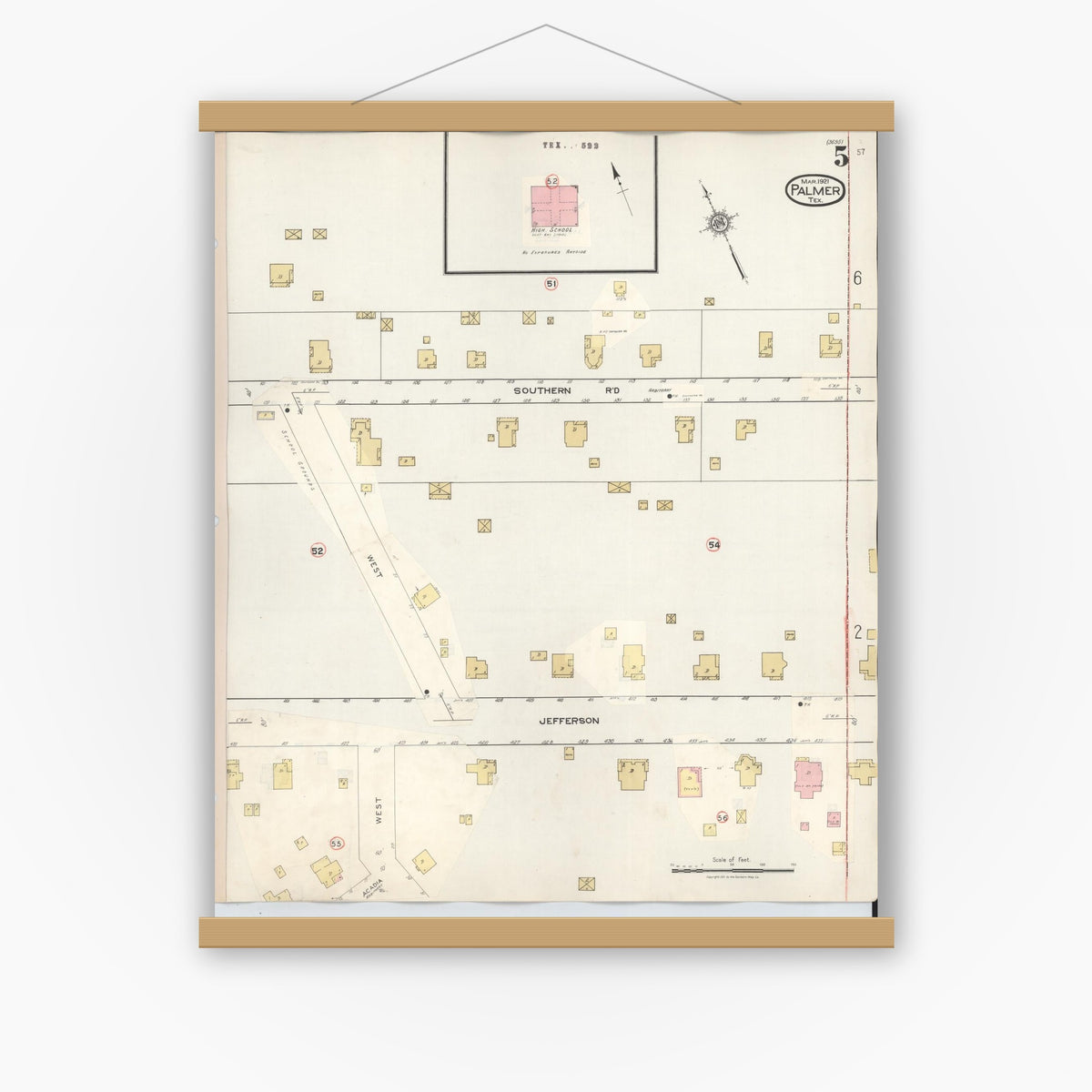 Old map wall art mockup — magnetic wood frame on white wall — Sanborn Fire Insurance Map from Palmer, Ellis County, Texas (1936), Sheet #0005