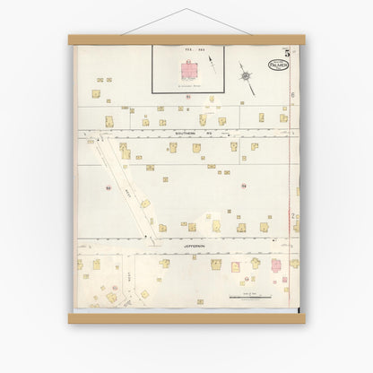 Old map wall art mockup — magnetic wood frame on white wall — Sanborn Fire Insurance Map from Palmer, Ellis County, Texas (1936), Sheet #0005