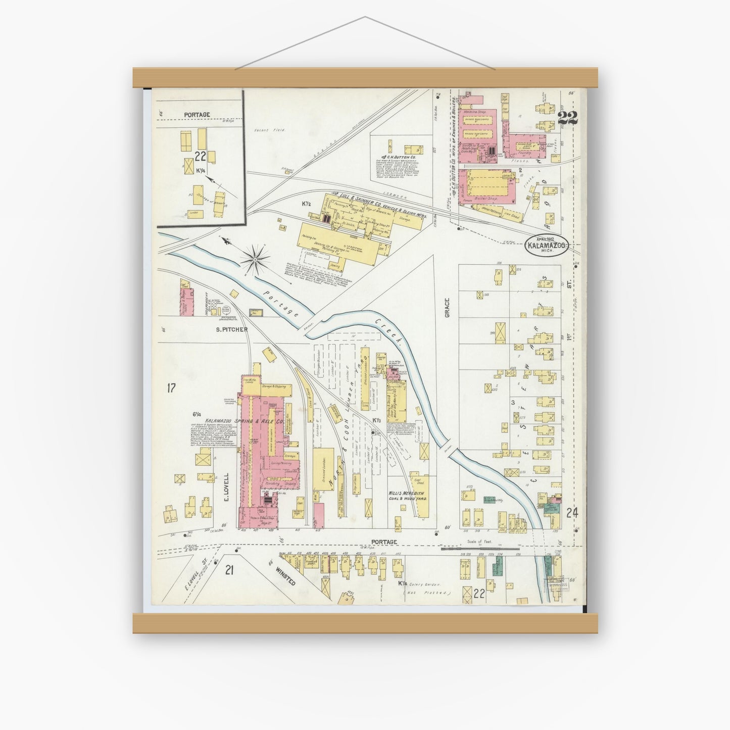 Old map wall art mockup — magnetic wood frame on white wall — Sanborn Fire Insurance Map from Kalamazoo, Kalamazoo County, Michigan (1902), Sheet #0022