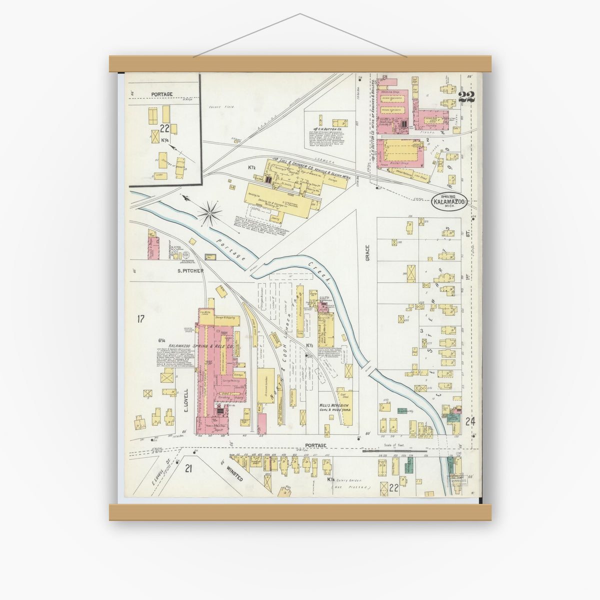 Old map wall art mockup — magnetic wood frame on white wall — Sanborn Fire Insurance Map from Kalamazoo, Kalamazoo County, Michigan (1902), Sheet #0022