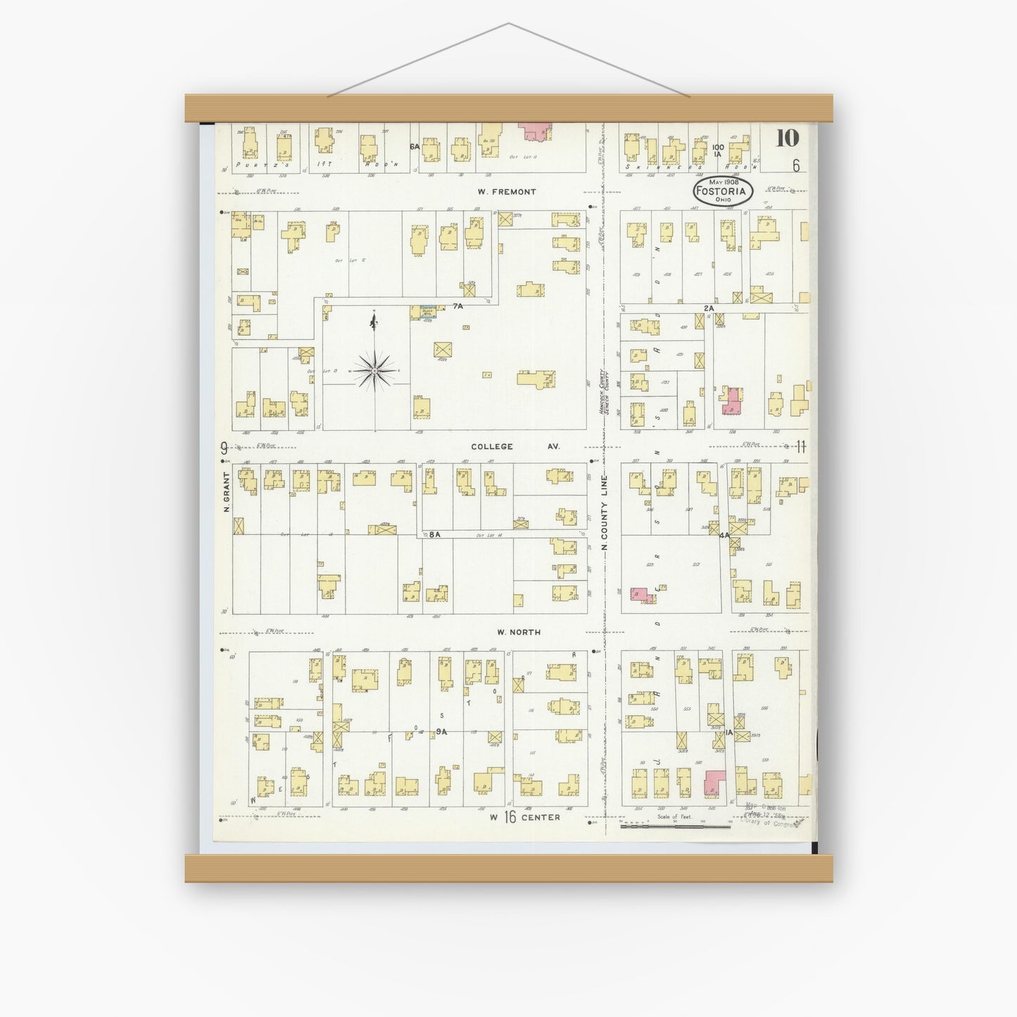 Old map wall art mockup — magnetic wood frame on white wall — Sanborn Fire Insurance Map from Fostoria, Seneca, Hancock, And Wood Counties, Ohio (1908), Sheet #0010