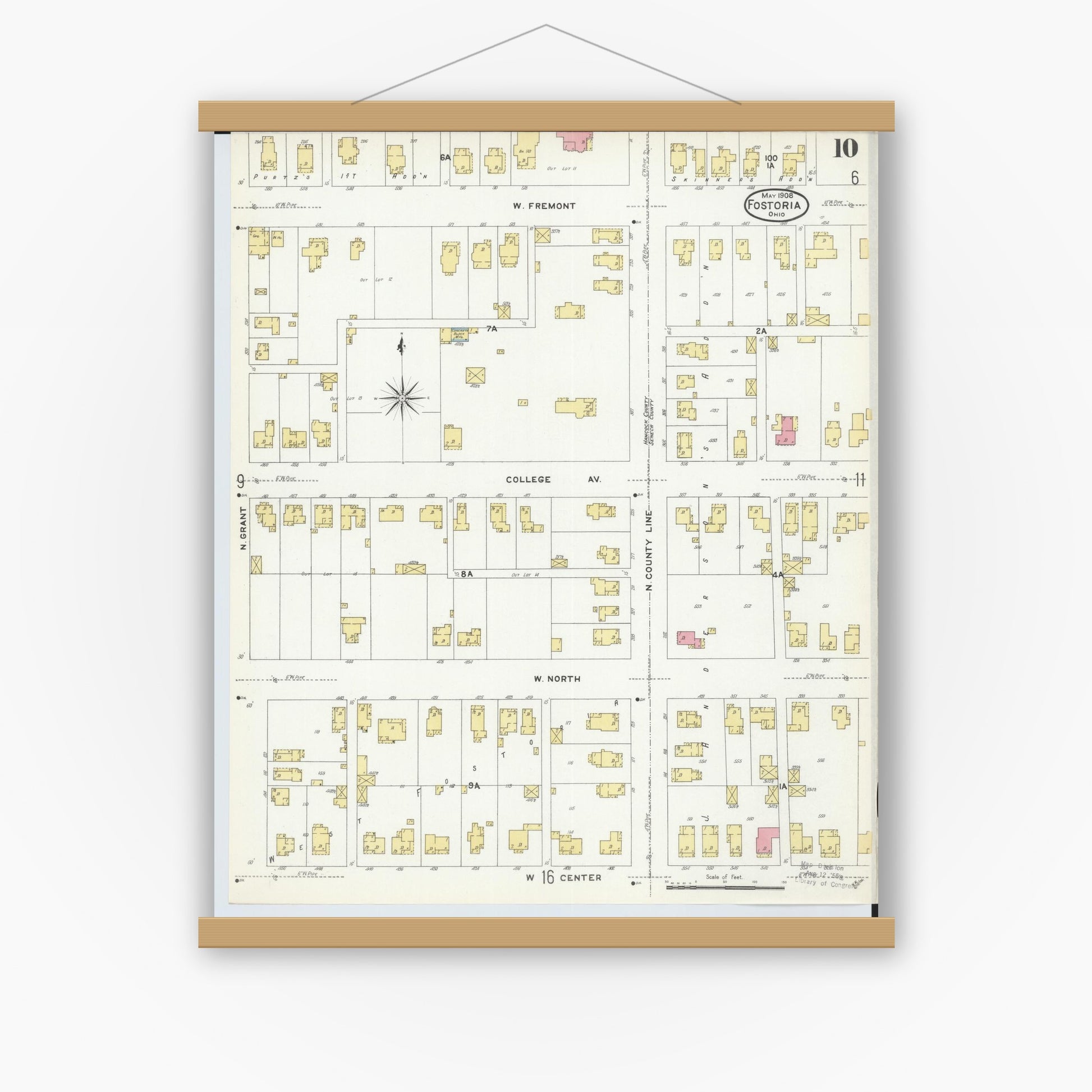 Old map wall art mockup — magnetic wood frame on white wall — Sanborn Fire Insurance Map from Fostoria, Seneca, Hancock, And Wood Counties, Ohio (1908), Sheet #0010