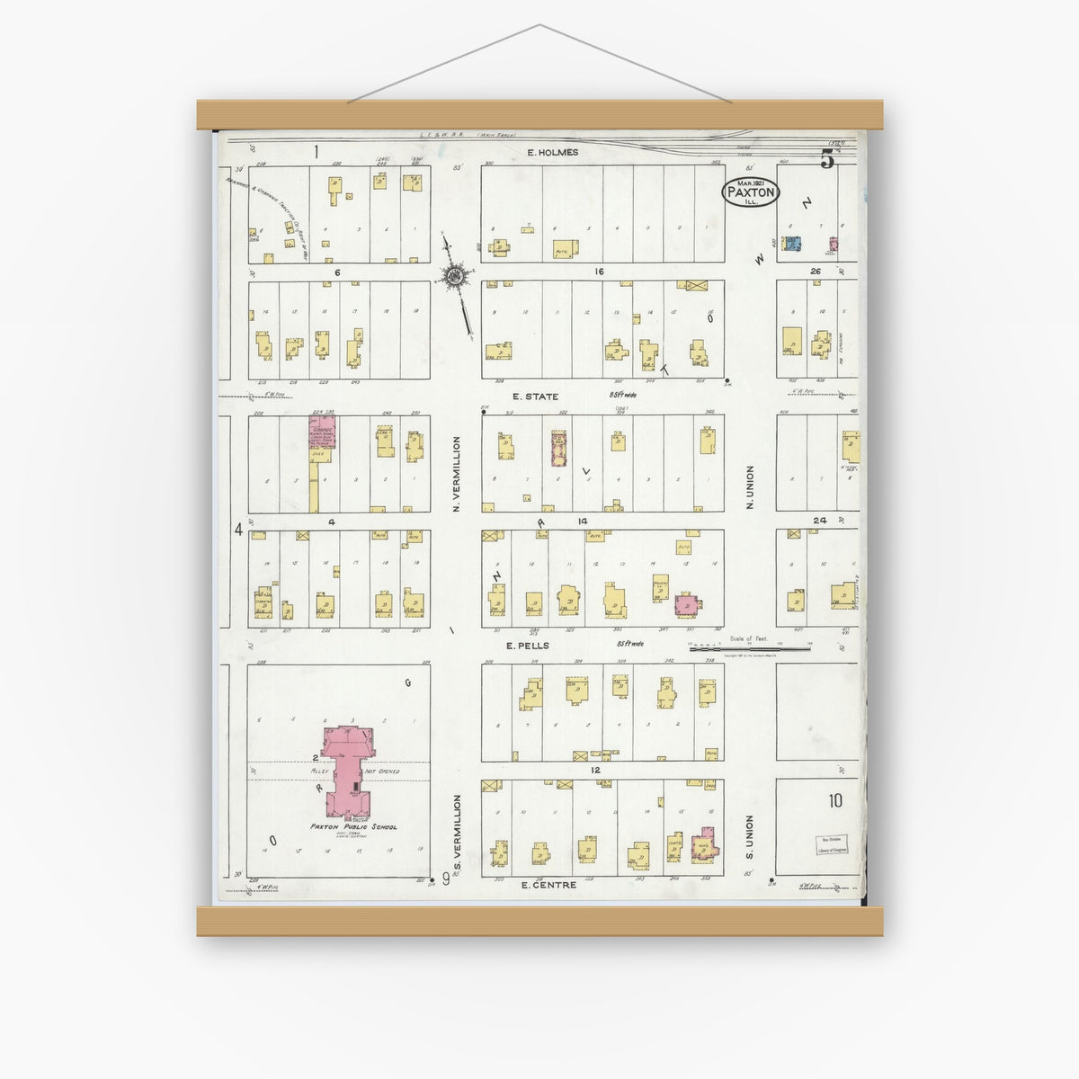 Old map wall art mockup — magnetic wood frame on white wall — Sanborn Fire Insurance Map from Paxton, Ford County, Illinois (1921), Sheet #0005