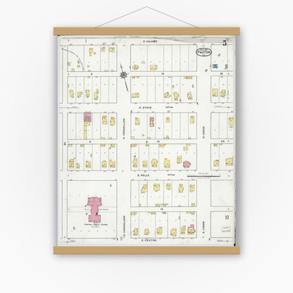 Old map wall art mockup — magnetic wood frame on white wall — Sanborn Fire Insurance Map from Paxton, Ford County, Illinois (1921), Sheet #0005