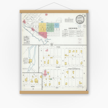 Old map wall art mockup — magnetic wood frame on white wall — Sanborn Fire Insurance Map from Chatfield, Fillmore And Olmsted Counties, Minnesota (1900), Sheet #0001