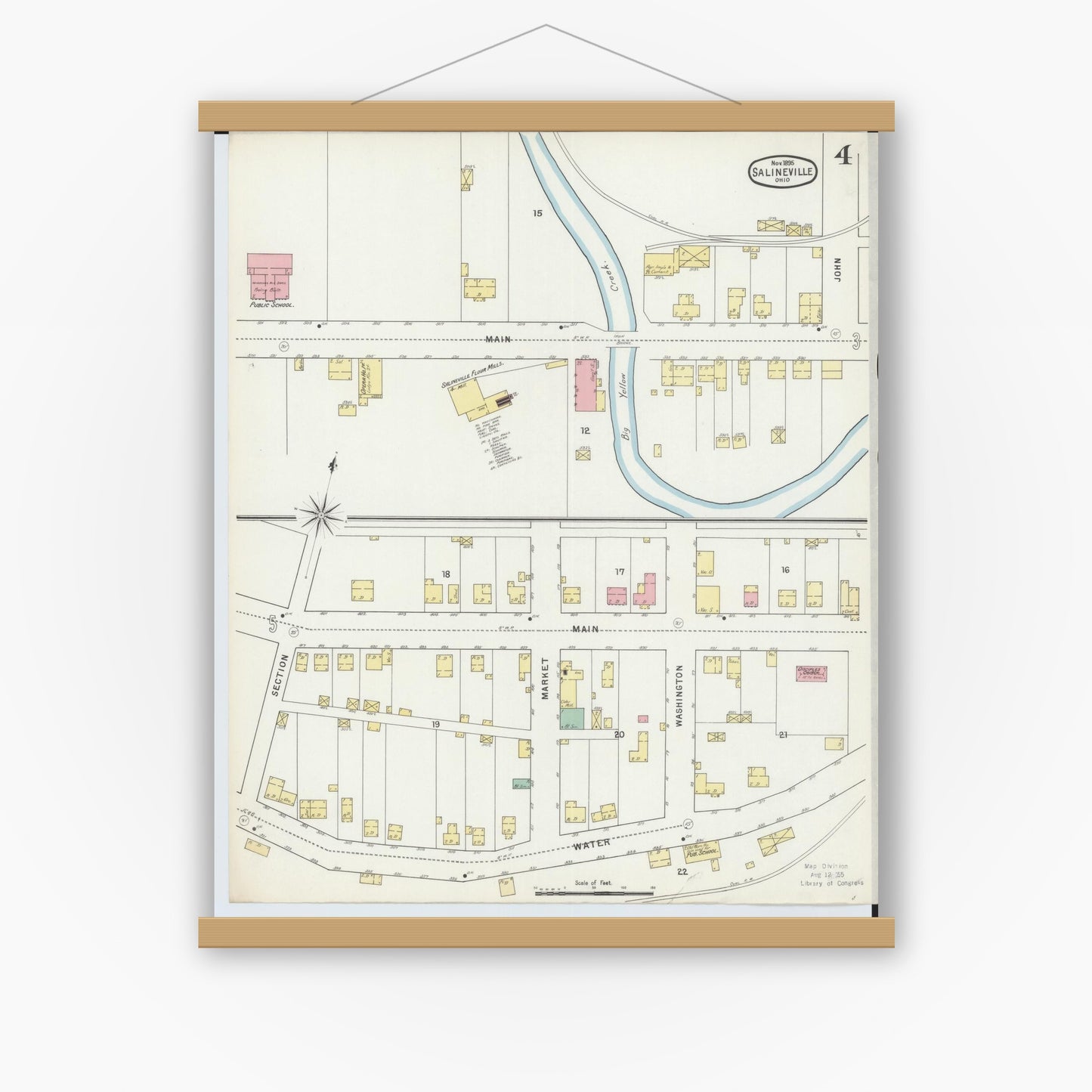 Old map wall art mockup — magnetic wood frame on white wall — Sanborn Fire Insurance Map from Salineville, Columbiana County, Ohio (1895), Sheet #0004