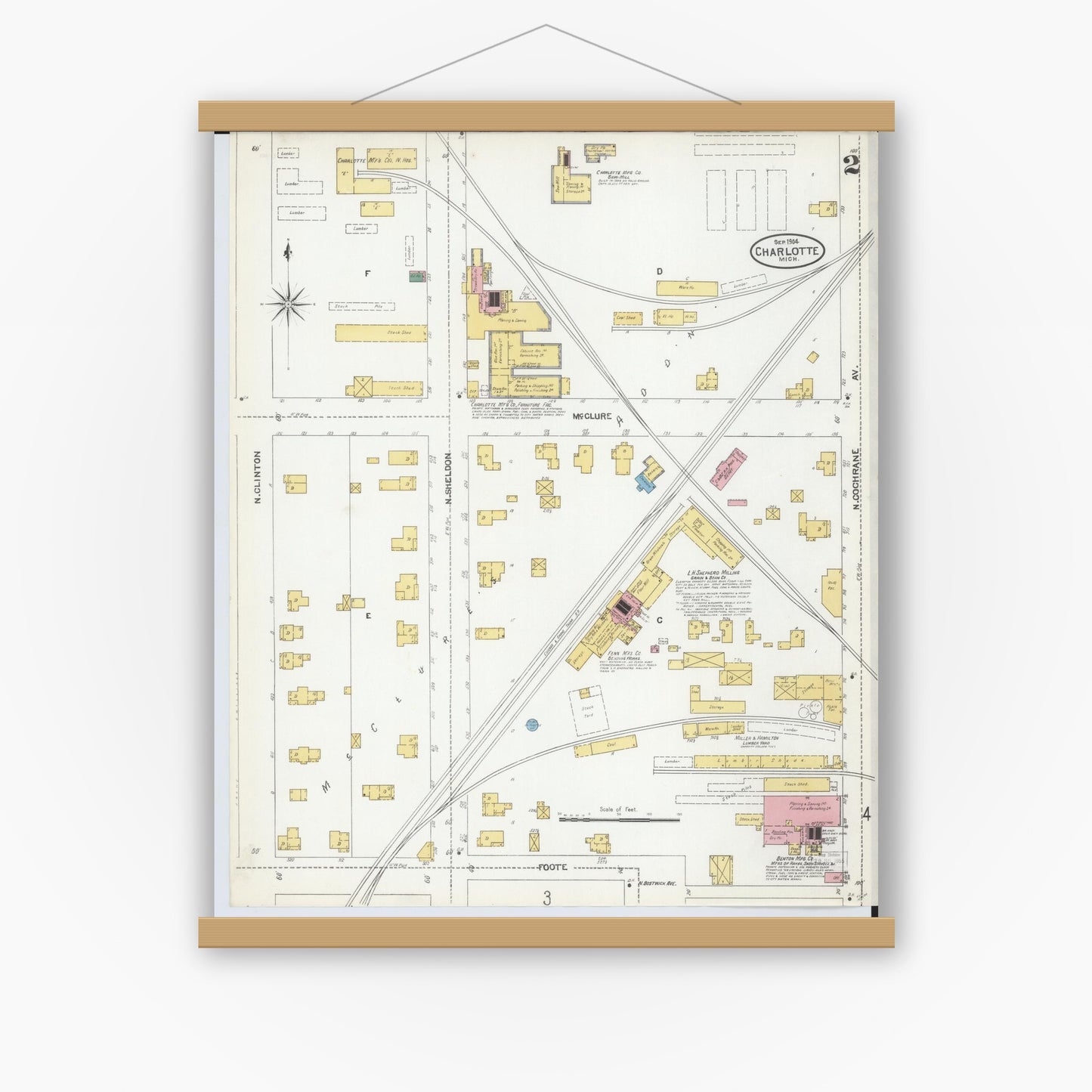 Old map wall art mockup — magnetic wood frame on white wall — Sanborn Fire Insurance Map from Charlotte, Eaton County, Michigan (1904), Sheet #0002