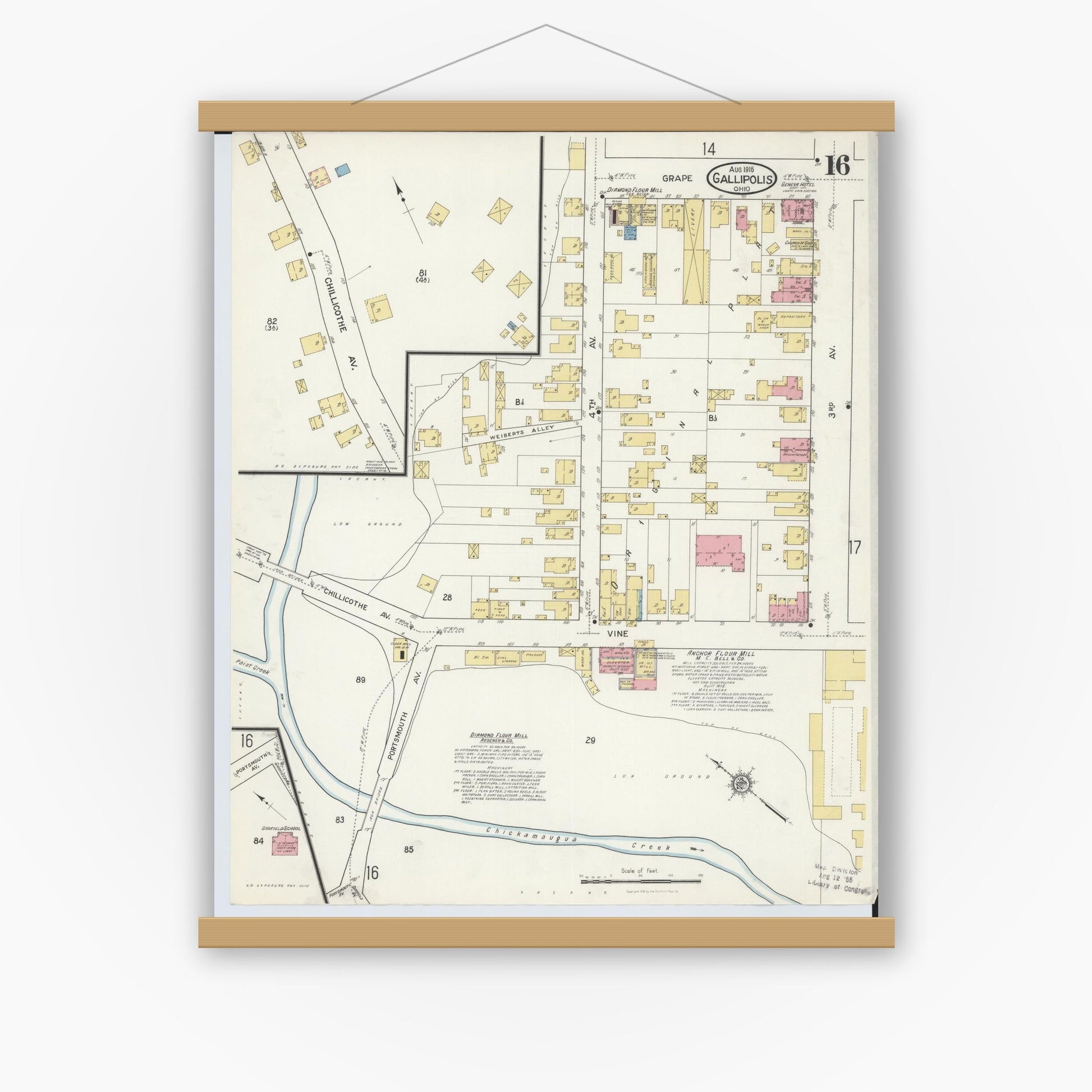 Old map wall art mockup — magnetic wood frame on white wall — Sanborn Fire Insurance Map from Gallipolis, Gallia County, Ohio (1916), Sheet #0016