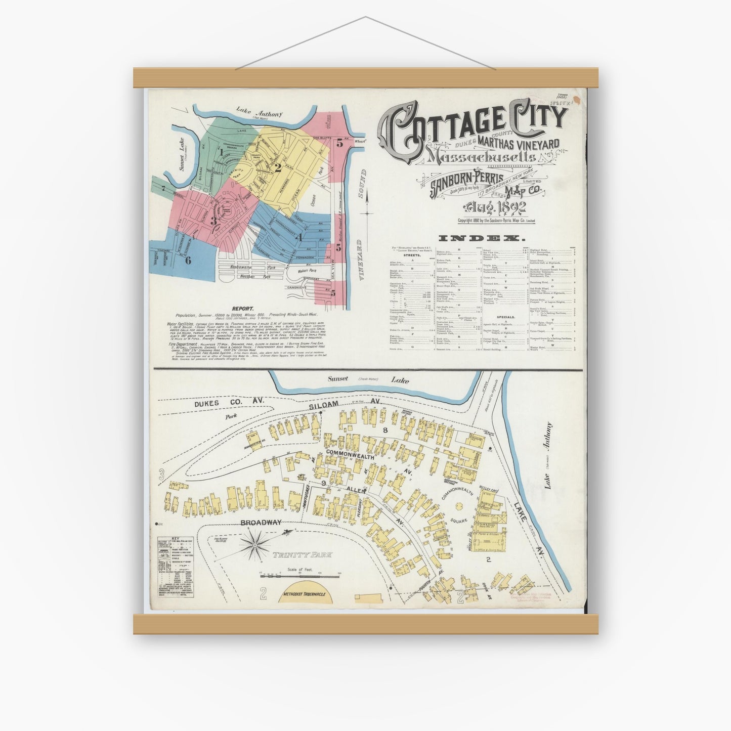 Old map wall art mockup — magnetic wood frame on white wall — Sanborn Fire Insurance Map from Cottage City, Dukes County, Massachusetts (1892), Sheet #0001