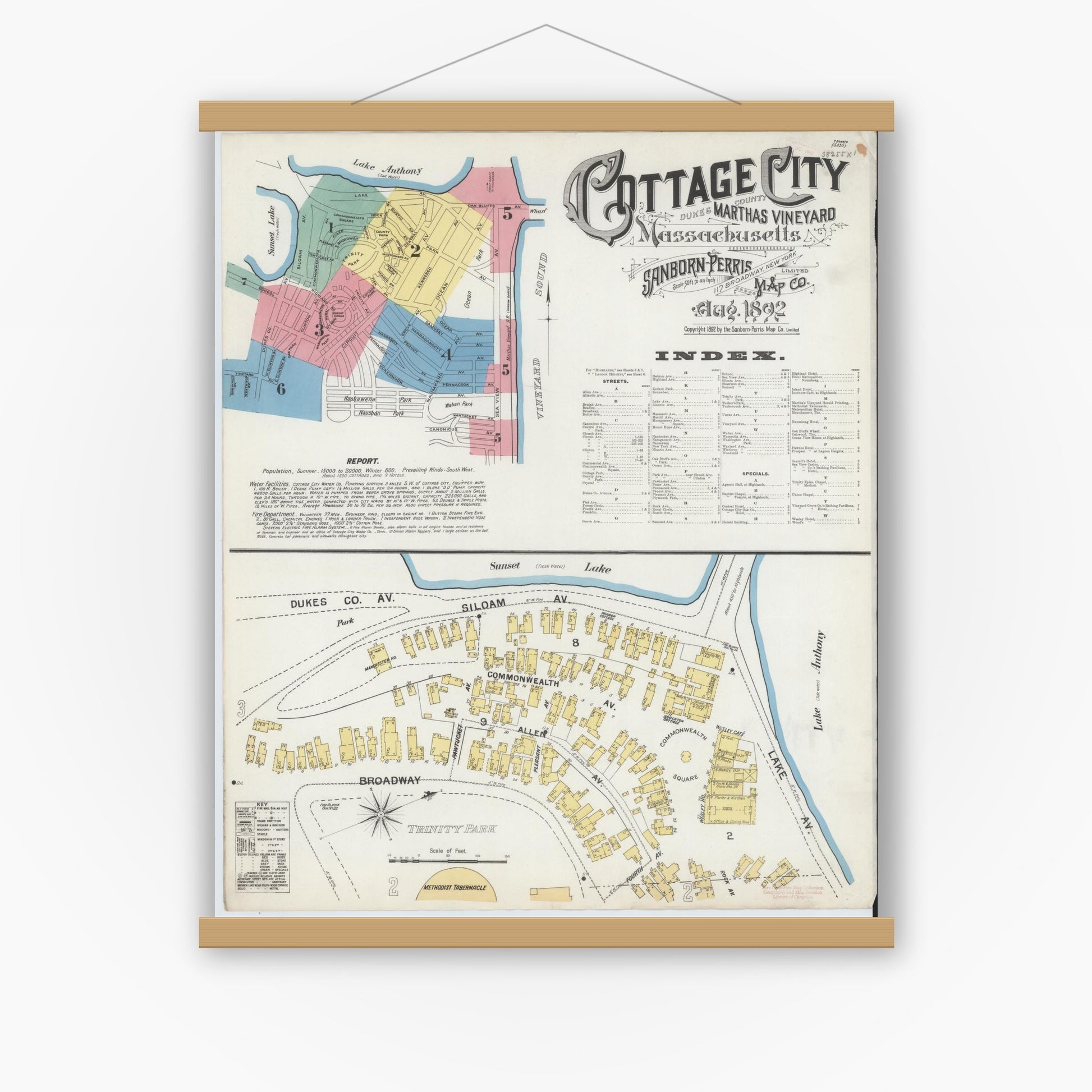 Old map wall art mockup — magnetic wood frame on white wall — Sanborn Fire Insurance Map from Cottage City, Dukes County, Massachusetts (1892), Sheet #0001