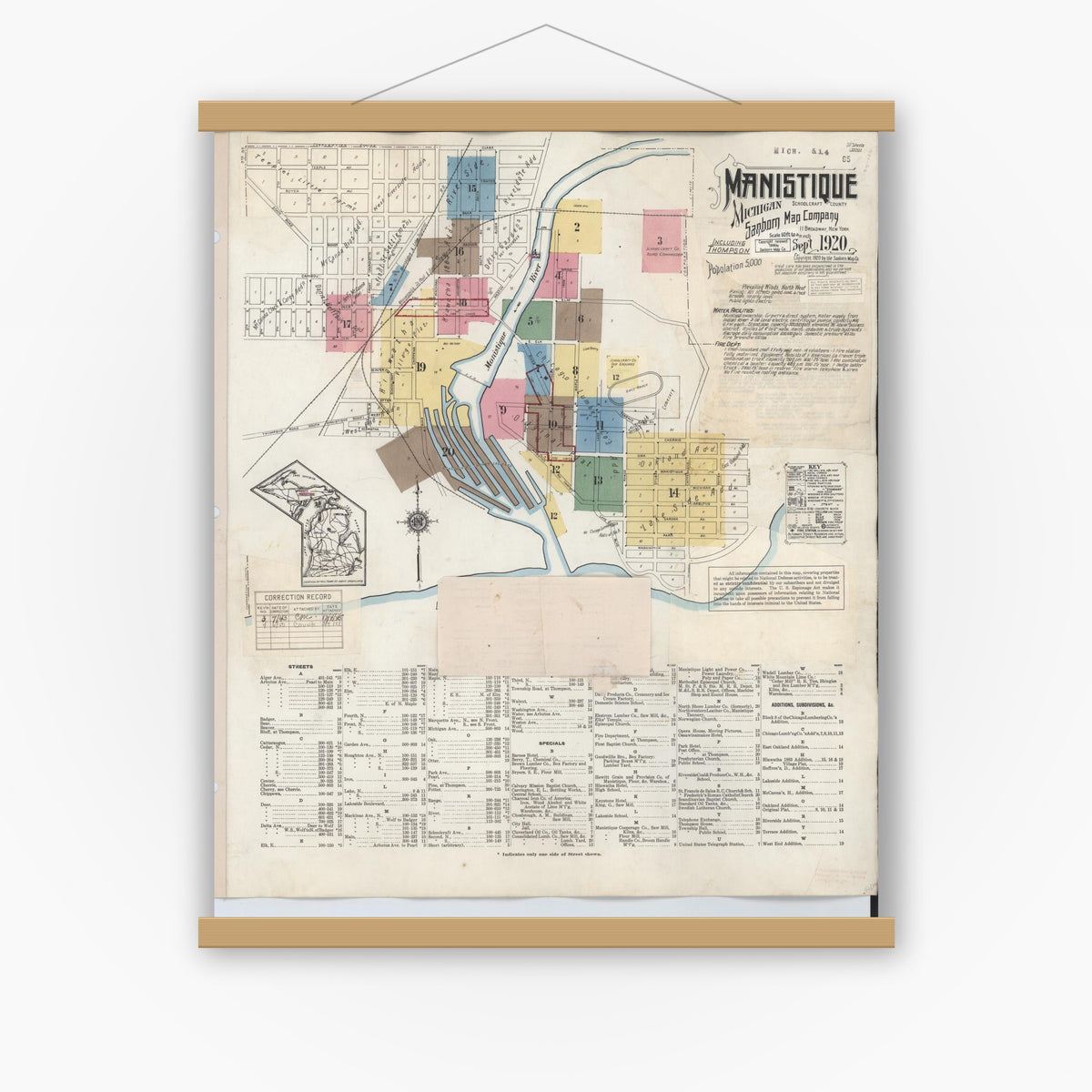 Old map wall art mockup — magnetic wood frame on white wall — Sanborn Fire Insurance Map from Manistique, Schoolcraft County, Michigan (1950), Sheet #0001