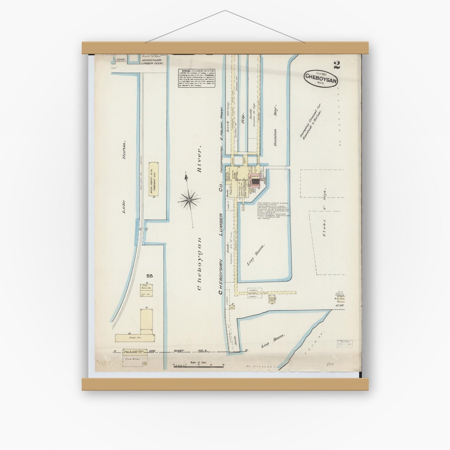 Old map wall art mockup — magnetic wood frame on white wall — Sanborn Fire Insurance Map from Cheboygan, Cheboygan County, Michigan (1884), Sheet #0002
