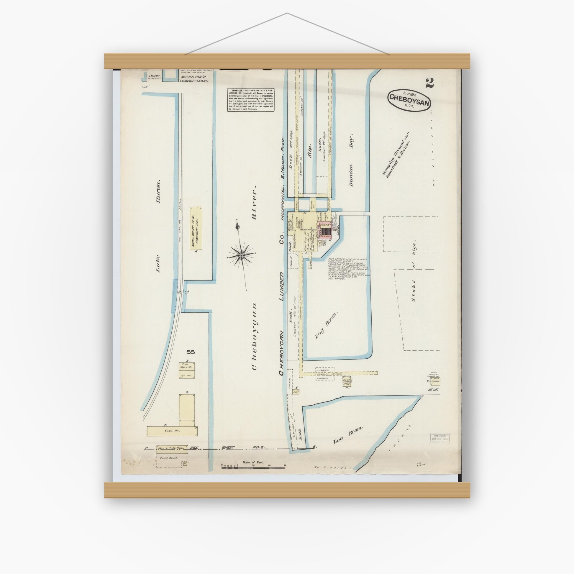 Old map wall art mockup — magnetic wood frame on white wall — Sanborn Fire Insurance Map from Cheboygan, Cheboygan County, Michigan (1884), Sheet #0002
