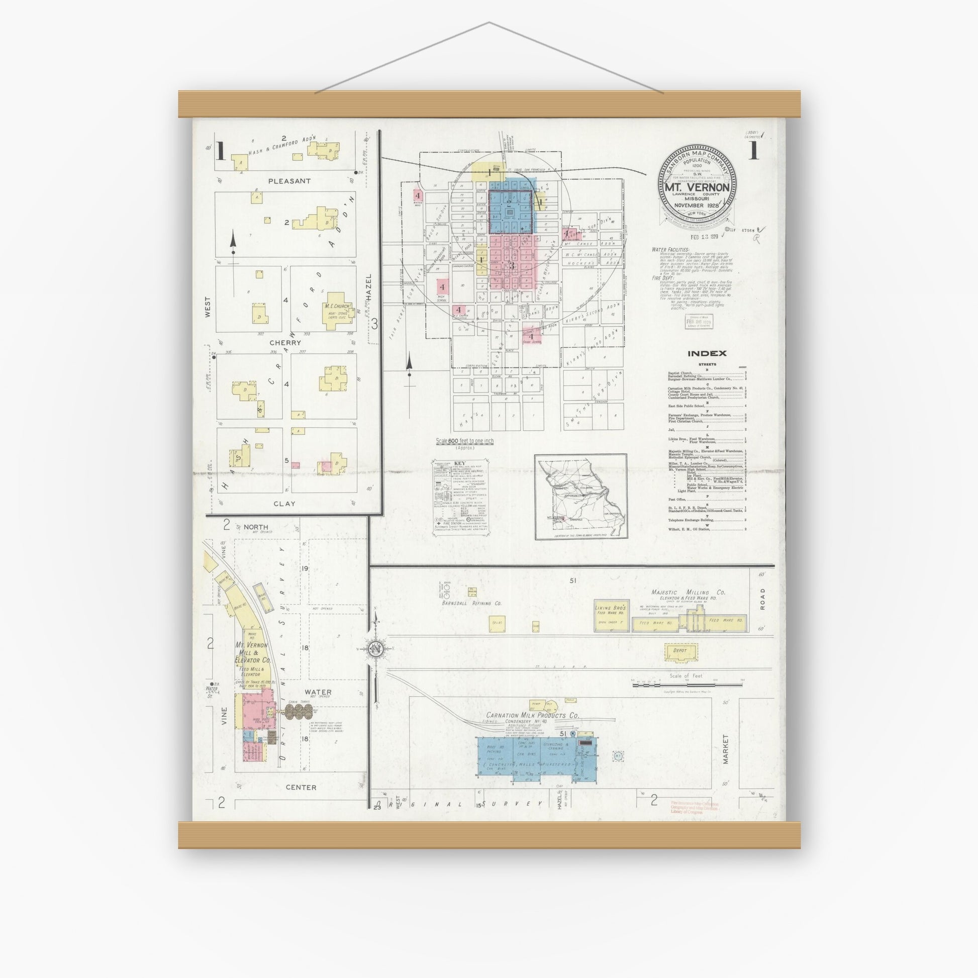 Old map wall art mockup — magnetic wood frame on white wall — Sanborn Fire Insurance Map from Mount Vernon, Lawrence County, Missouri (1928), Sheet #0001