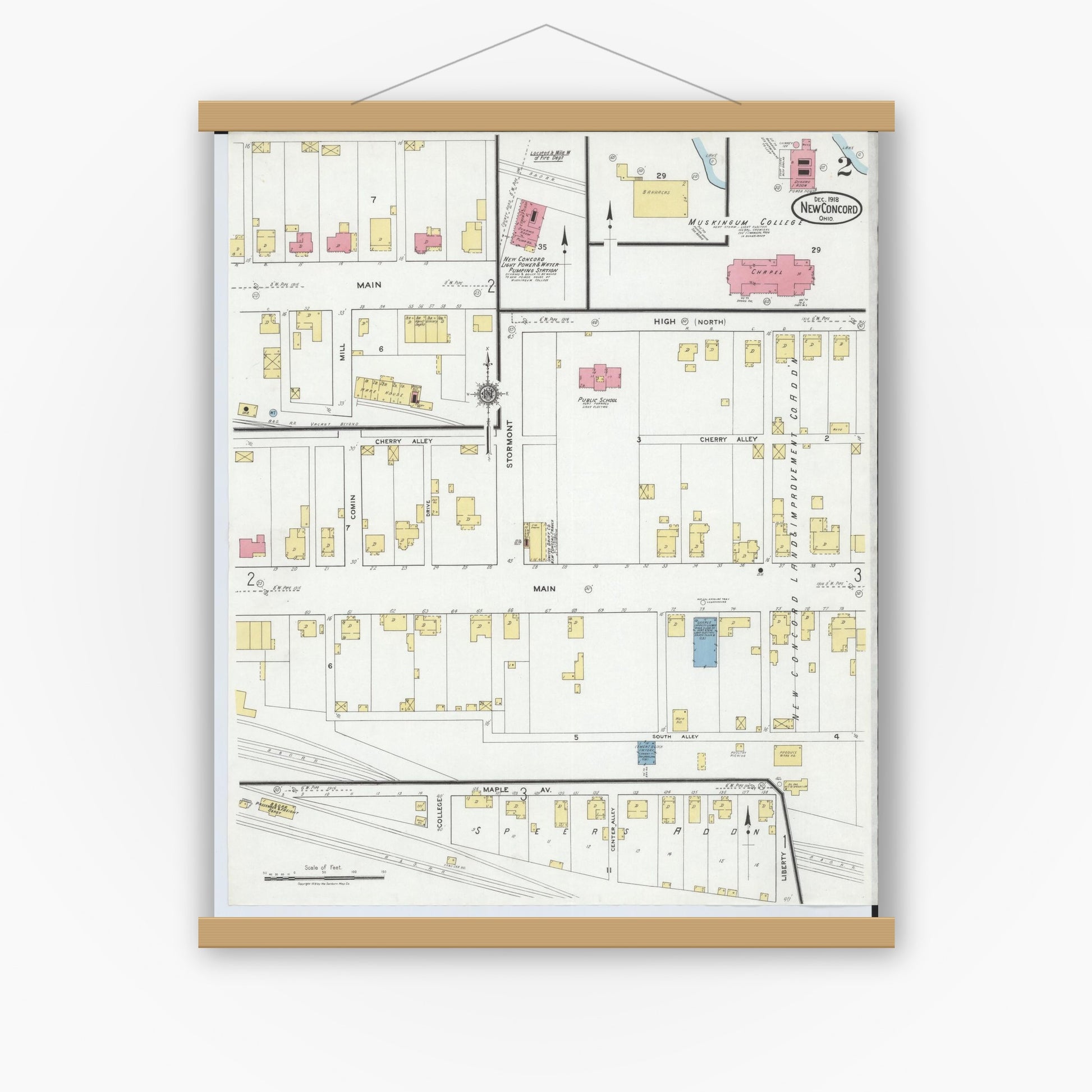 Old map wall art mockup — magnetic wood frame on white wall — Sanborn Fire Insurance Map from New Concord, Muskingum County, Ohio (1918), Sheet #0002