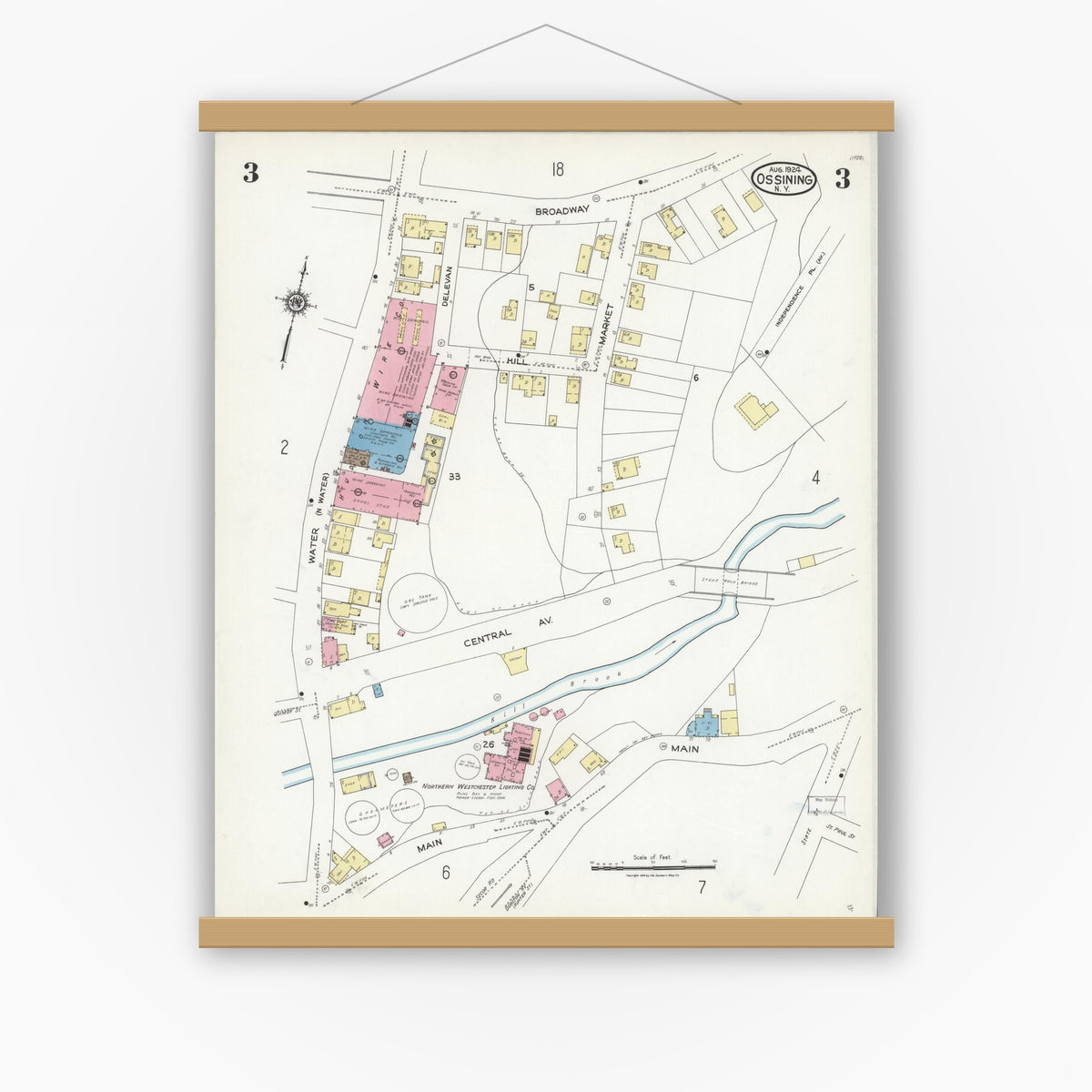 Old map wall art mockup — magnetic wood frame on white wall — Sanborn Fire Insurance Map from Ossining, Westchester County, New York (1924), Sheet #0003