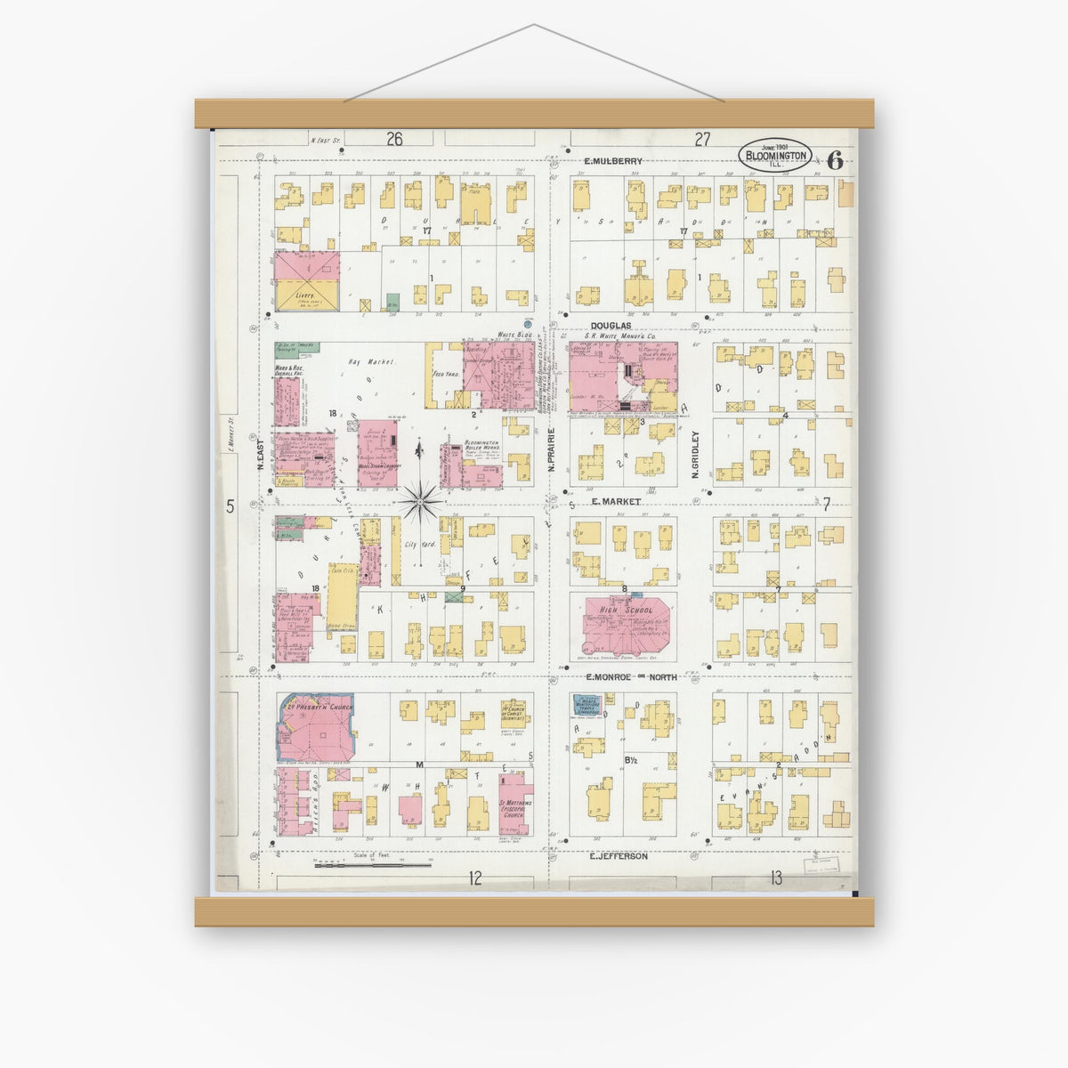 Old map wall art mockup — magnetic wood frame on white wall — Sanborn Fire Insurance Map from Bloomington, McLean County, Illinois (1901), Sheet #0006