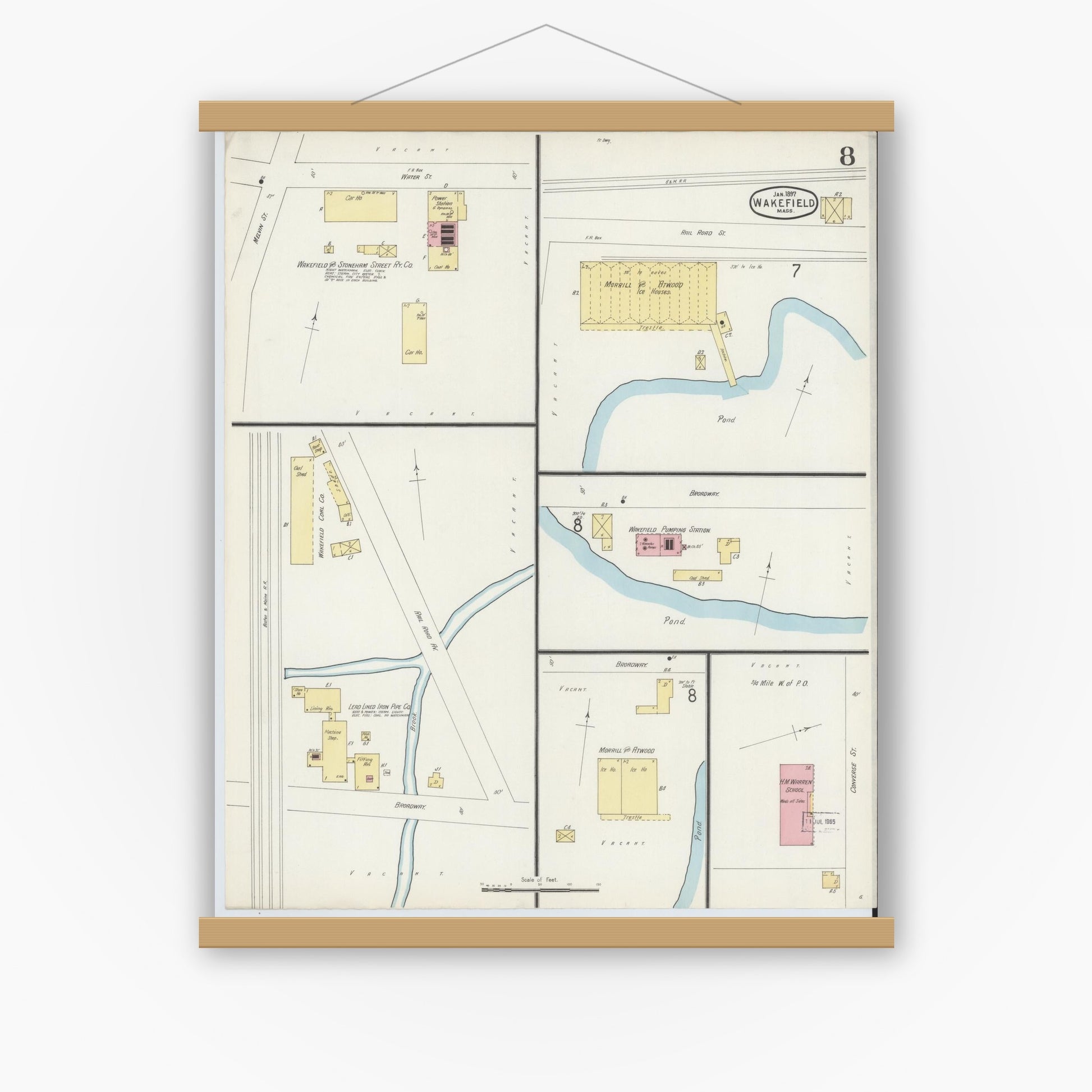 Old map wall art mockup — magnetic wood frame on white wall — Sanborn Fire Insurance Map from Wakefield, Middlesex County, Massachusetts (1897), Sheet #0008