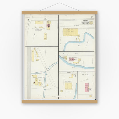 Old map wall art mockup — magnetic wood frame on white wall — Sanborn Fire Insurance Map from Wakefield, Middlesex County, Massachusetts (1897), Sheet #0008