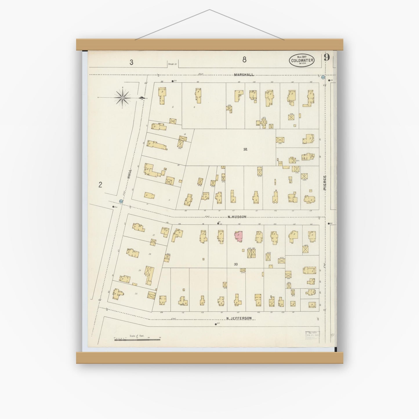 Old map wall art mockup — magnetic wood frame on white wall — Sanborn Fire Insurance Map from Coldwater, Branch County, Michigan (1897), Sheet #0009