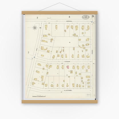 Old map wall art mockup — magnetic wood frame on white wall — Sanborn Fire Insurance Map from Coldwater, Branch County, Michigan (1897), Sheet #0009