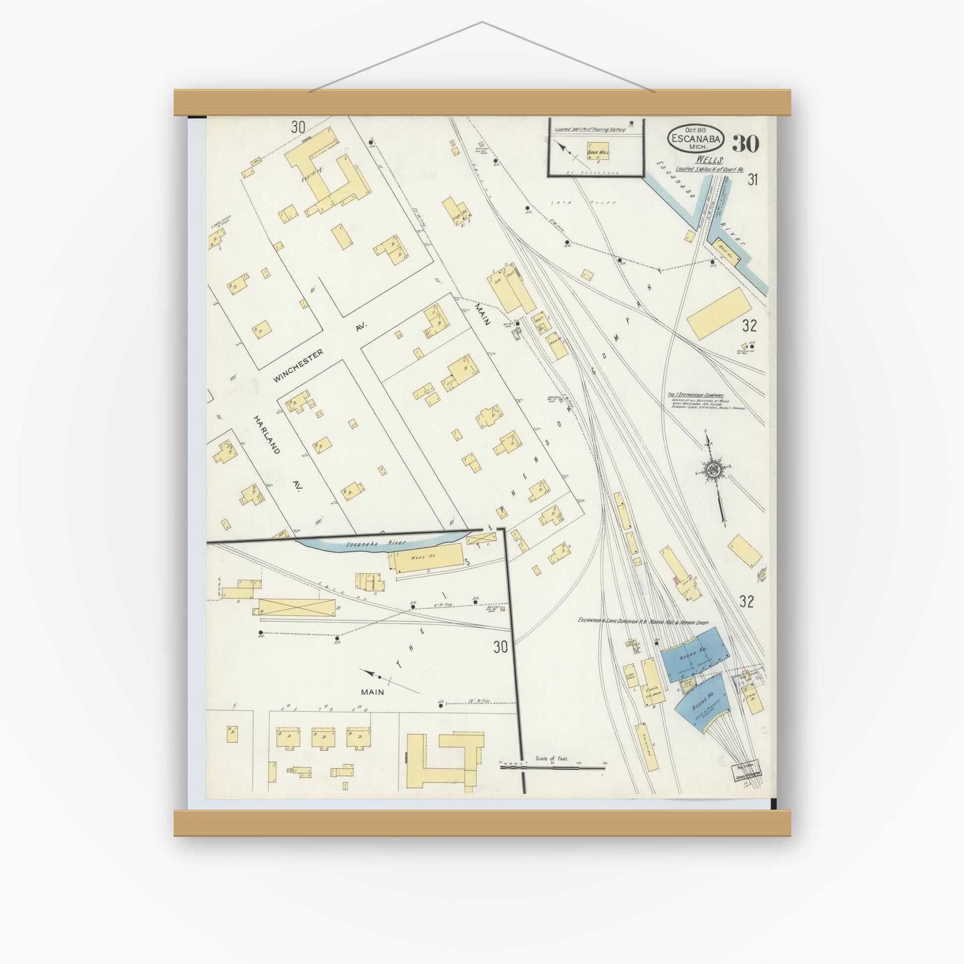 Old map wall art mockup — magnetic wood frame on white wall — Sanborn Fire Insurance Map from Escanaba, Delta County, Michigan (1913), Sheet #0030