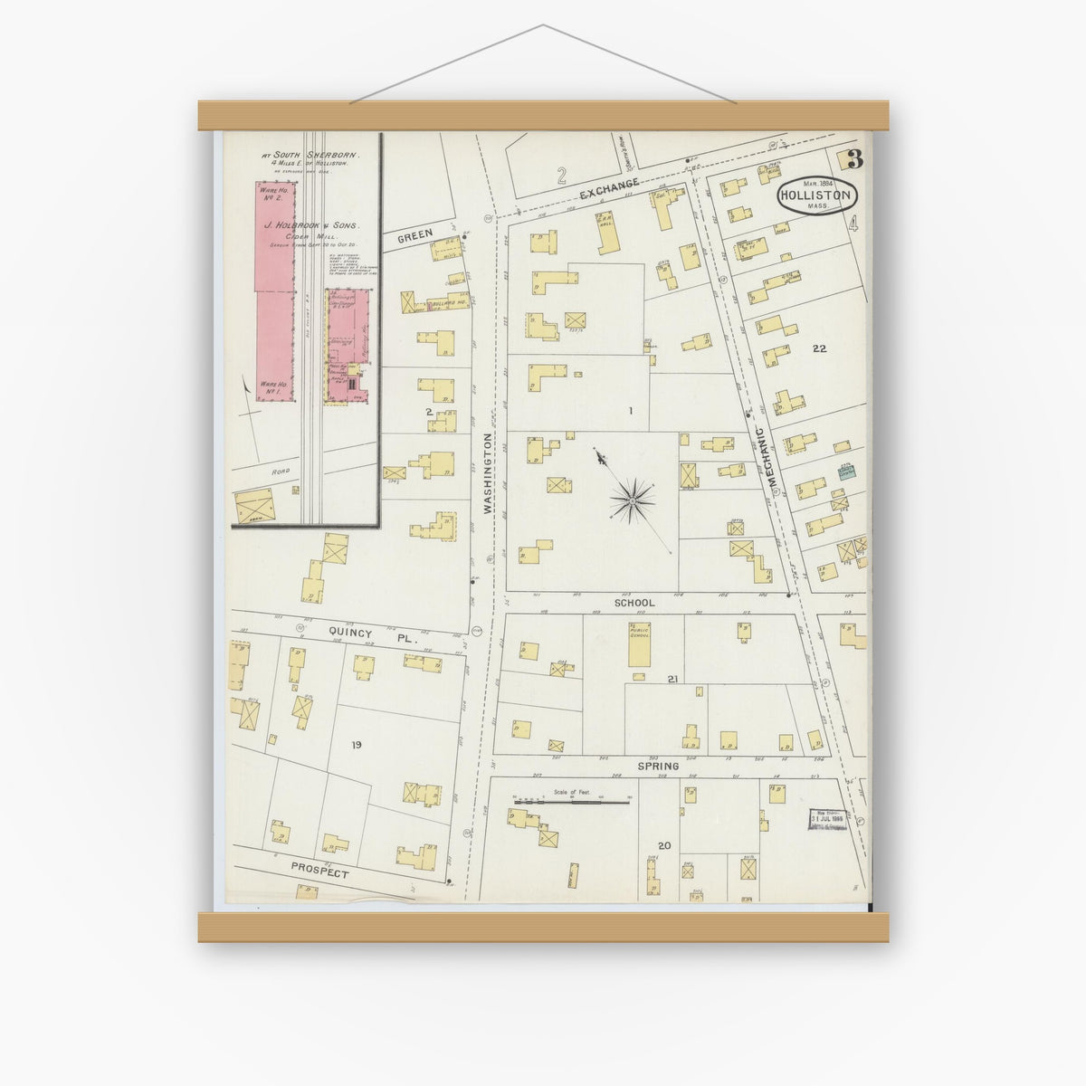 Old map wall art mockup — magnetic wood frame on white wall — Sanborn Fire Insurance Map from Holliston, Middlesex County, Massachusetts (1894), Sheet #0003