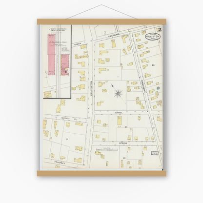 Old map wall art mockup — magnetic wood frame on white wall — Sanborn Fire Insurance Map from Holliston, Middlesex County, Massachusetts (1894), Sheet #0003