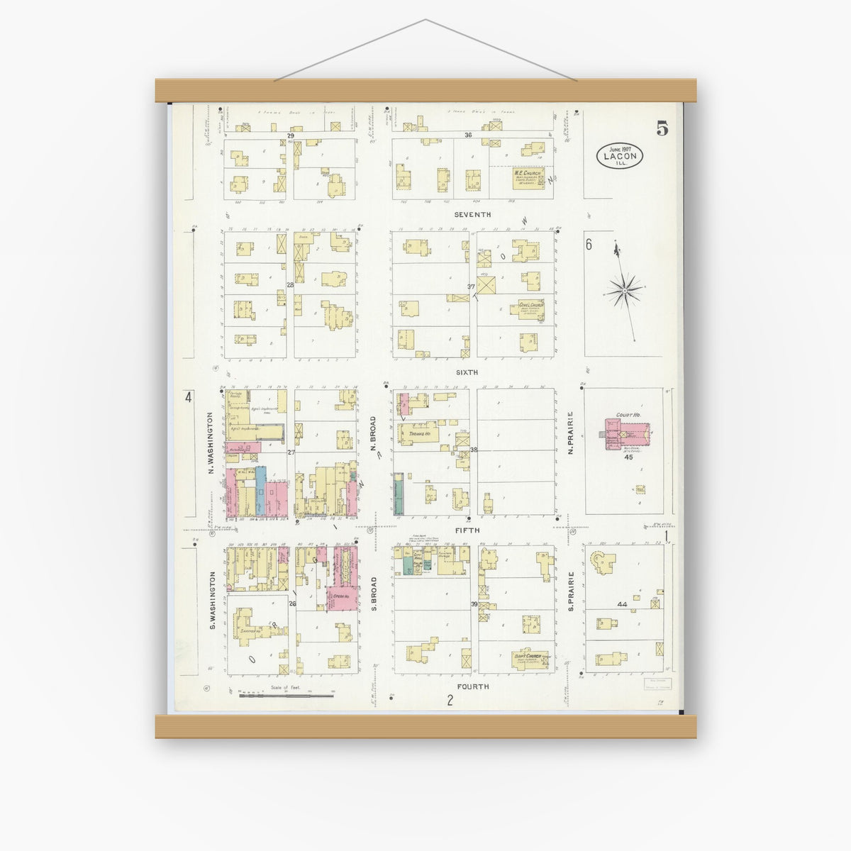 Old map wall art mockup — magnetic wood frame on white wall — Sanborn Fire Insurance Map from Lacon, Marshall County, Illinois (1907), Sheet #0005