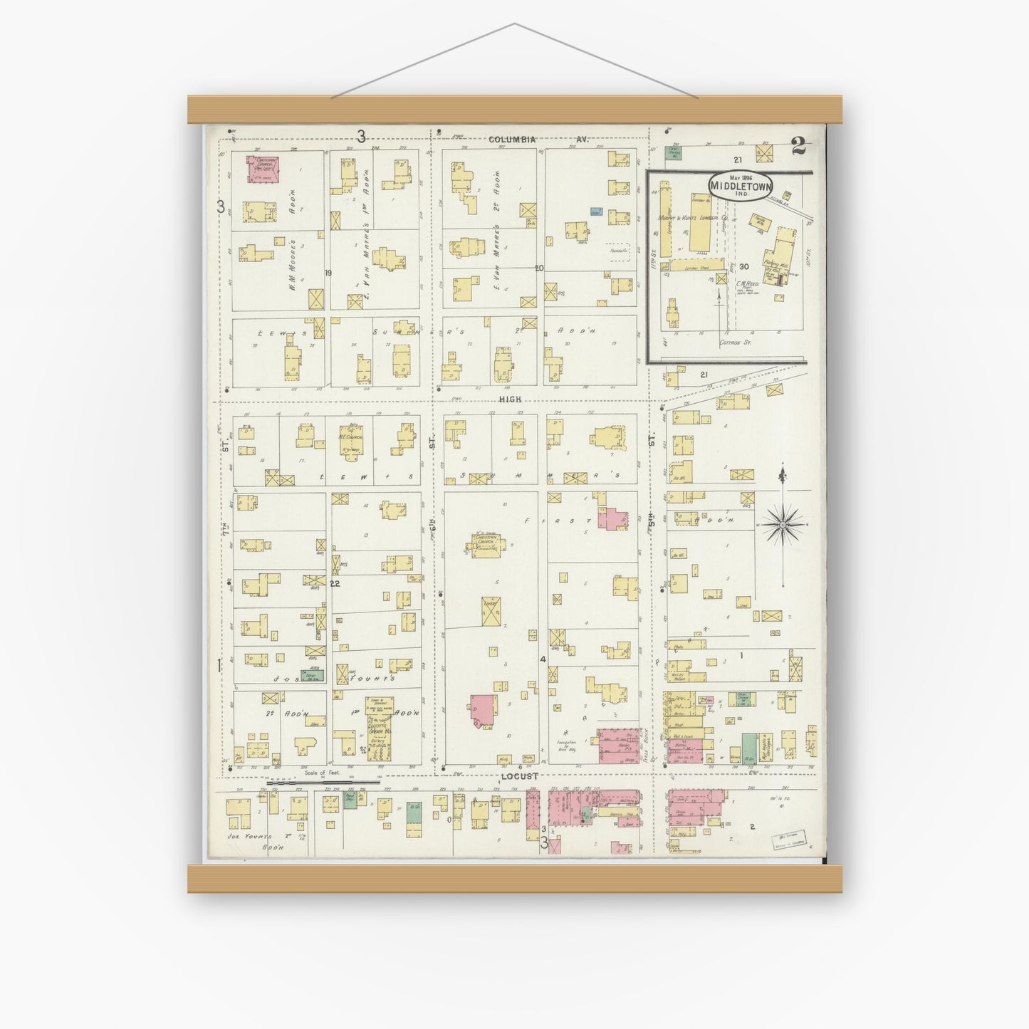 Old map wall art mockup — magnetic wood frame on white wall — Sanborn Fire Insurance Map from Middletown, Henry County, Indiana (1896), Sheet #0002