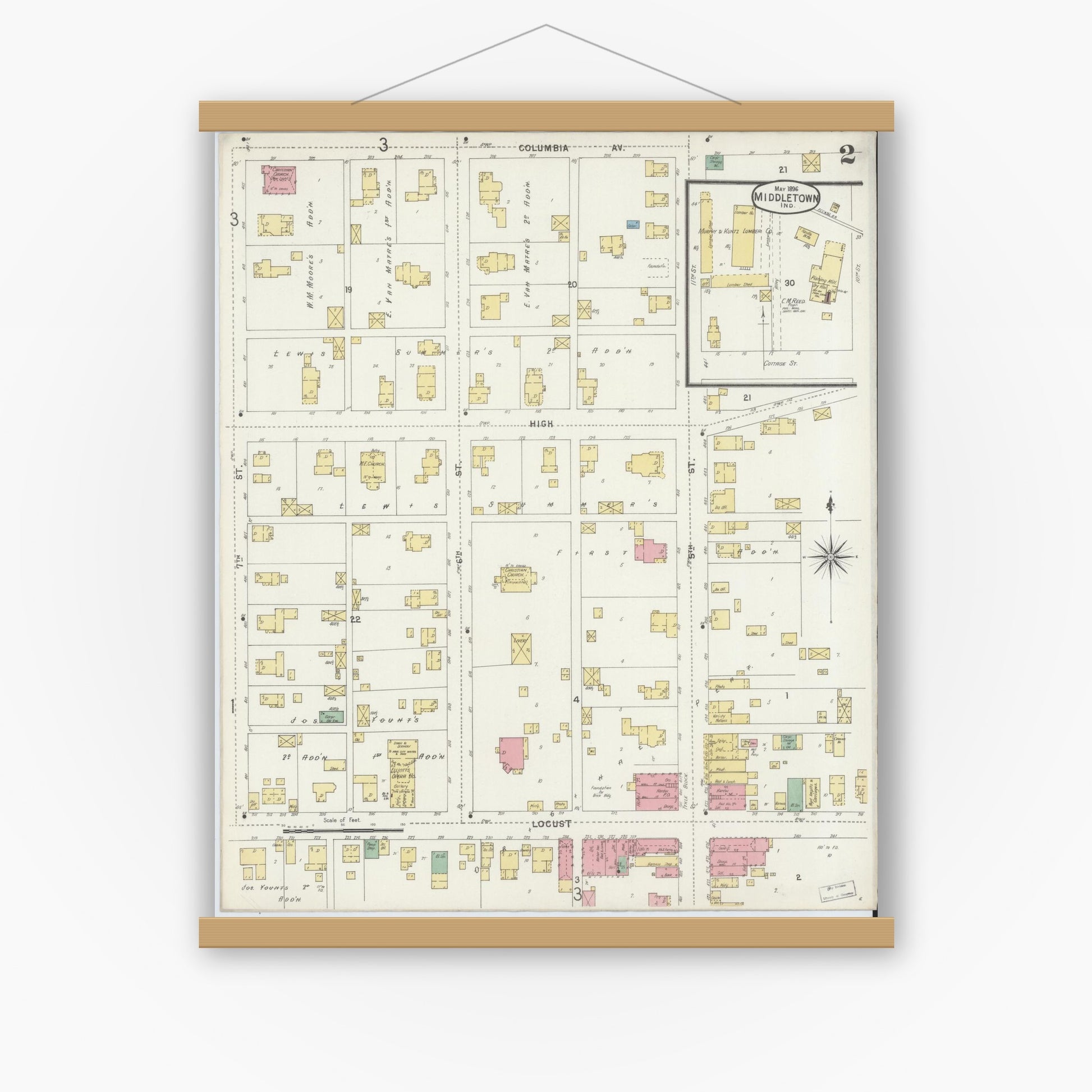 Old map wall art mockup — magnetic wood frame on white wall — Sanborn Fire Insurance Map from Middletown, Henry County, Indiana (1896), Sheet #0002