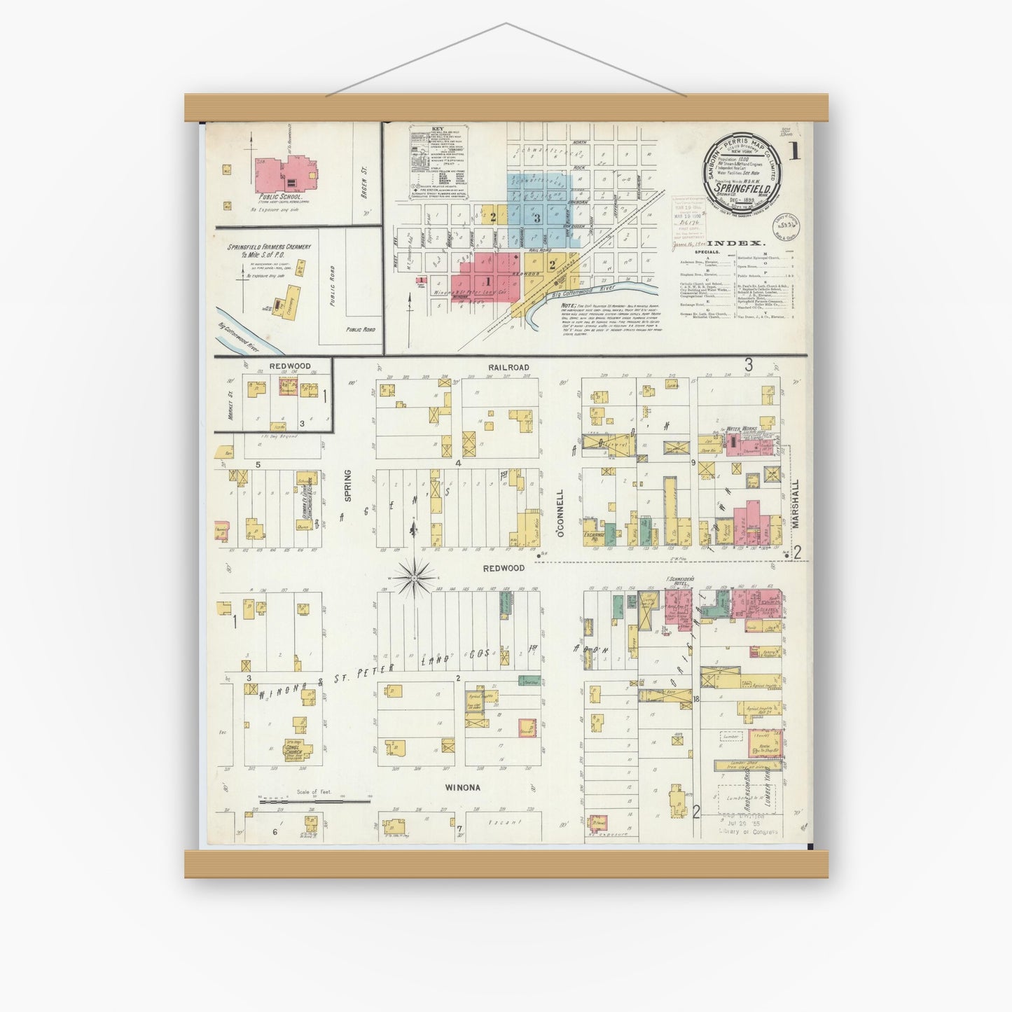 Old map wall art mockup — magnetic wood frame on white wall — Sanborn Fire Insurance Map from Springfield, Brown County, Minnesota (1899) - Complete Map Set