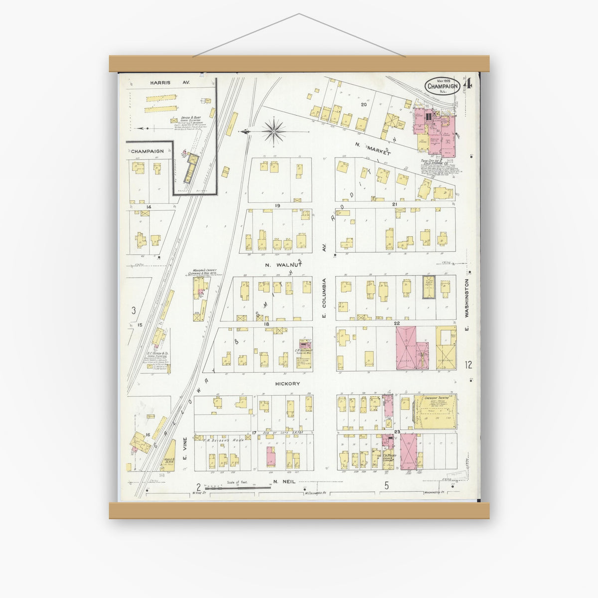 Old map wall art mockup — magnetic wood frame on white wall — Sanborn Fire Insurance Map from Champaign, Champaign County, Illinois (1909), Sheet #0004
