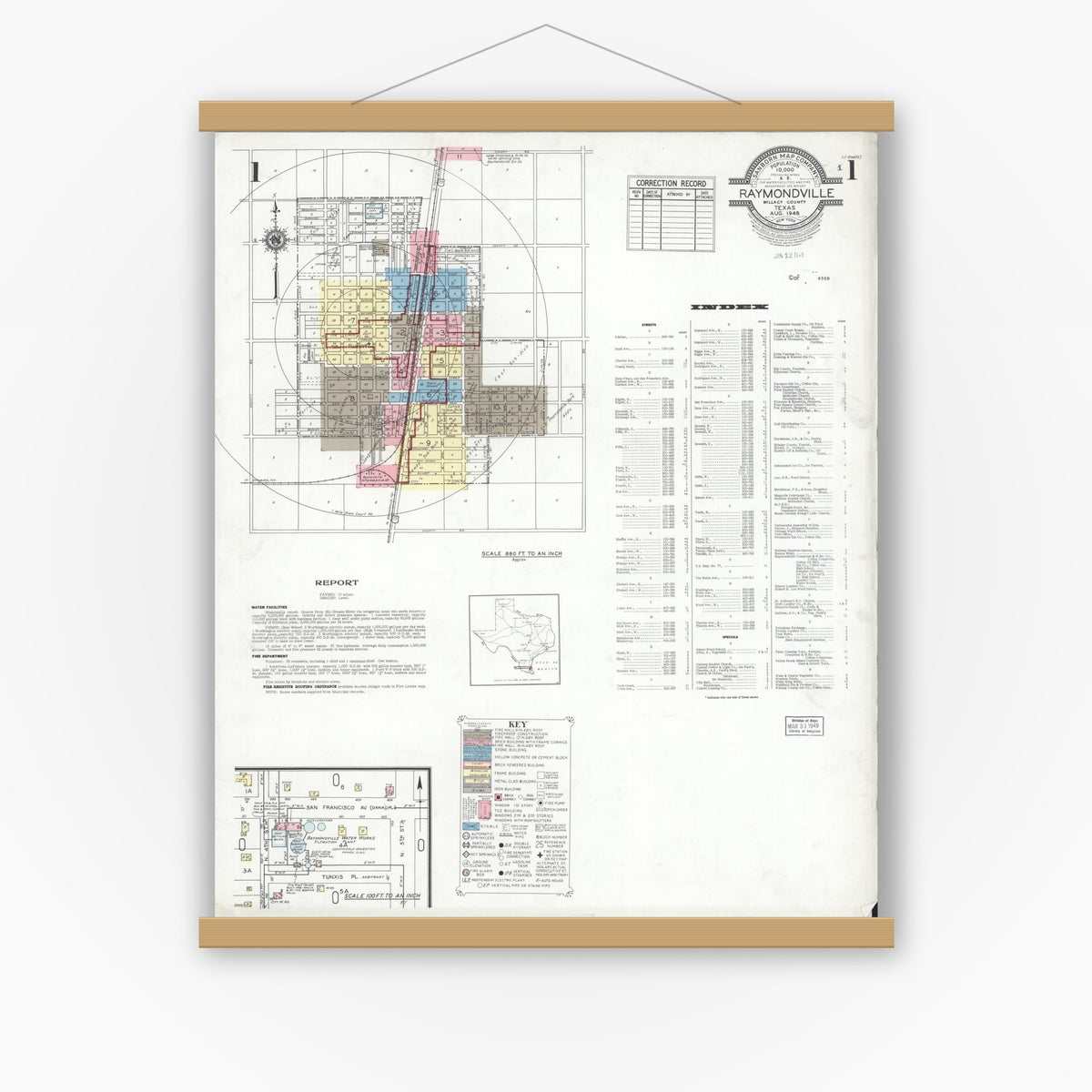 Old map wall art mockup — magnetic wood frame on white wall — Sanborn Fire Insurance Map from Raymondville, Willacy County, Texas (1948) - Complete Map Set