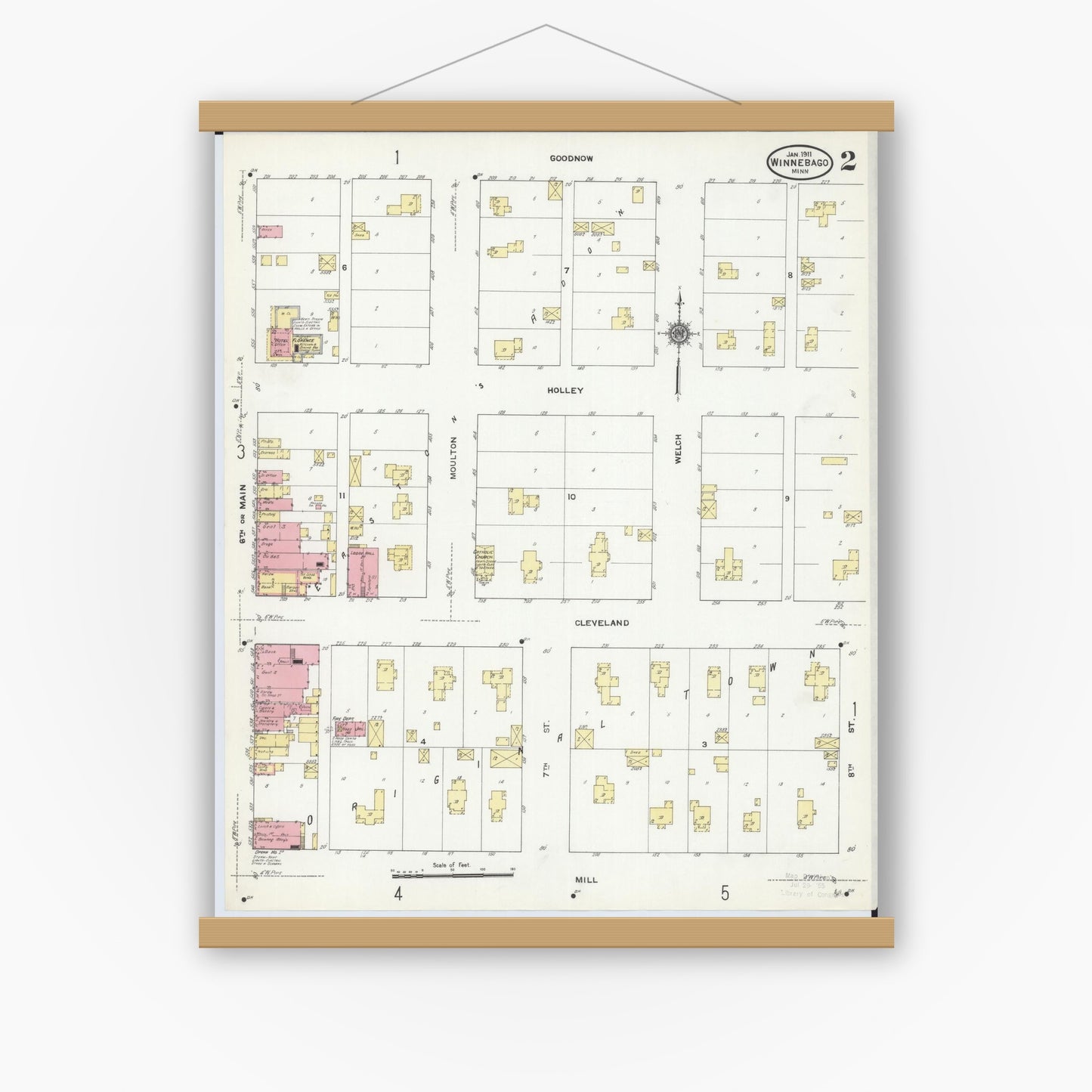 Old map wall art mockup — magnetic wood frame on white wall — Sanborn Fire Insurance Map from Winnebago, Faribault County, Minnesota (1911), Sheet #0002